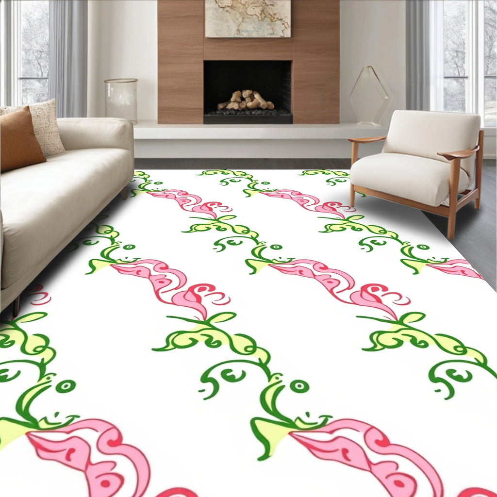 Pink And Green Swirling Floral Vines Rug