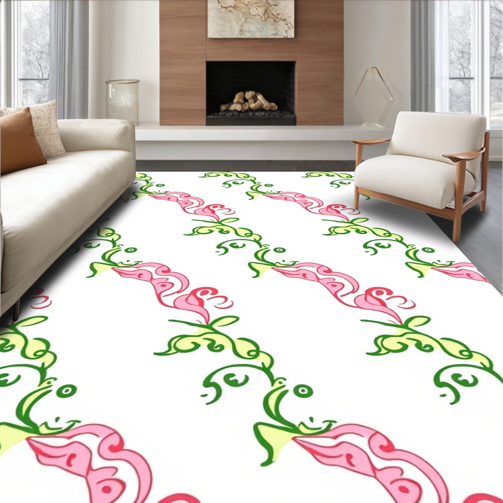Pink And Green Swirling Floral Vines Rug