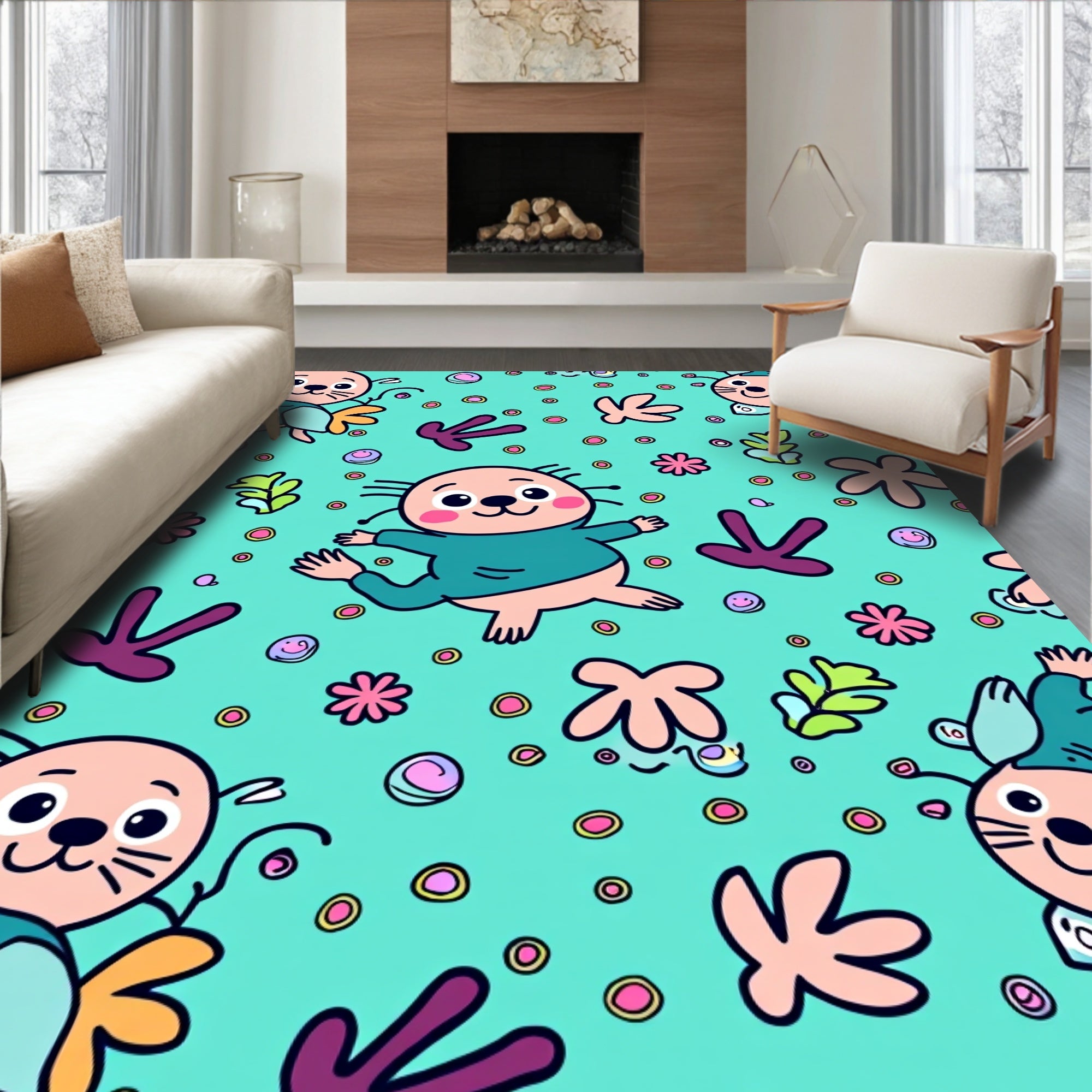 Cute Seals Floating With Flowers Rug