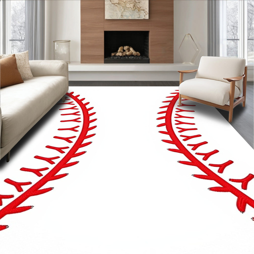Classic Red Stitch Baseball Close-Up Rug