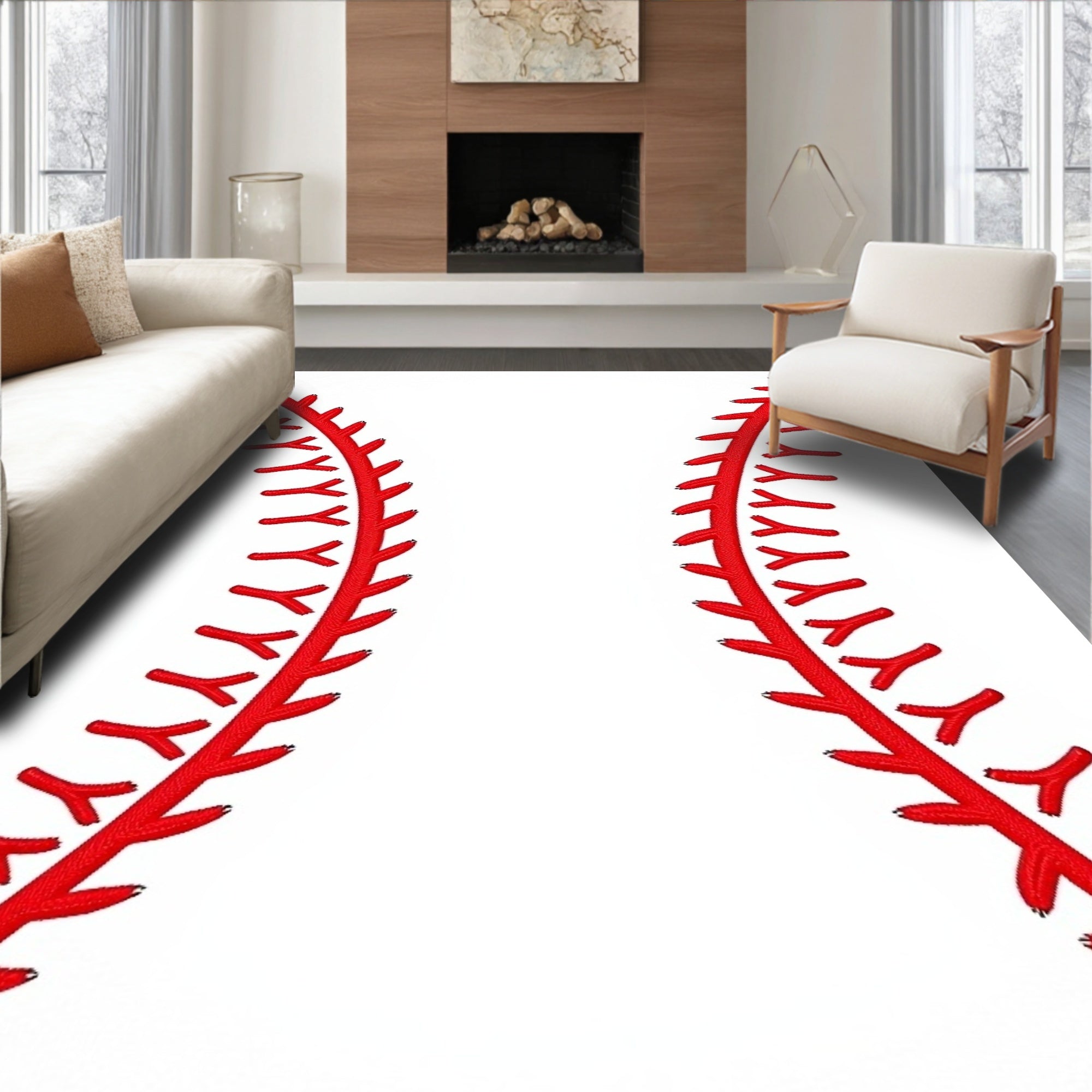 Classic Red Stitch Baseball Close-Up Rug