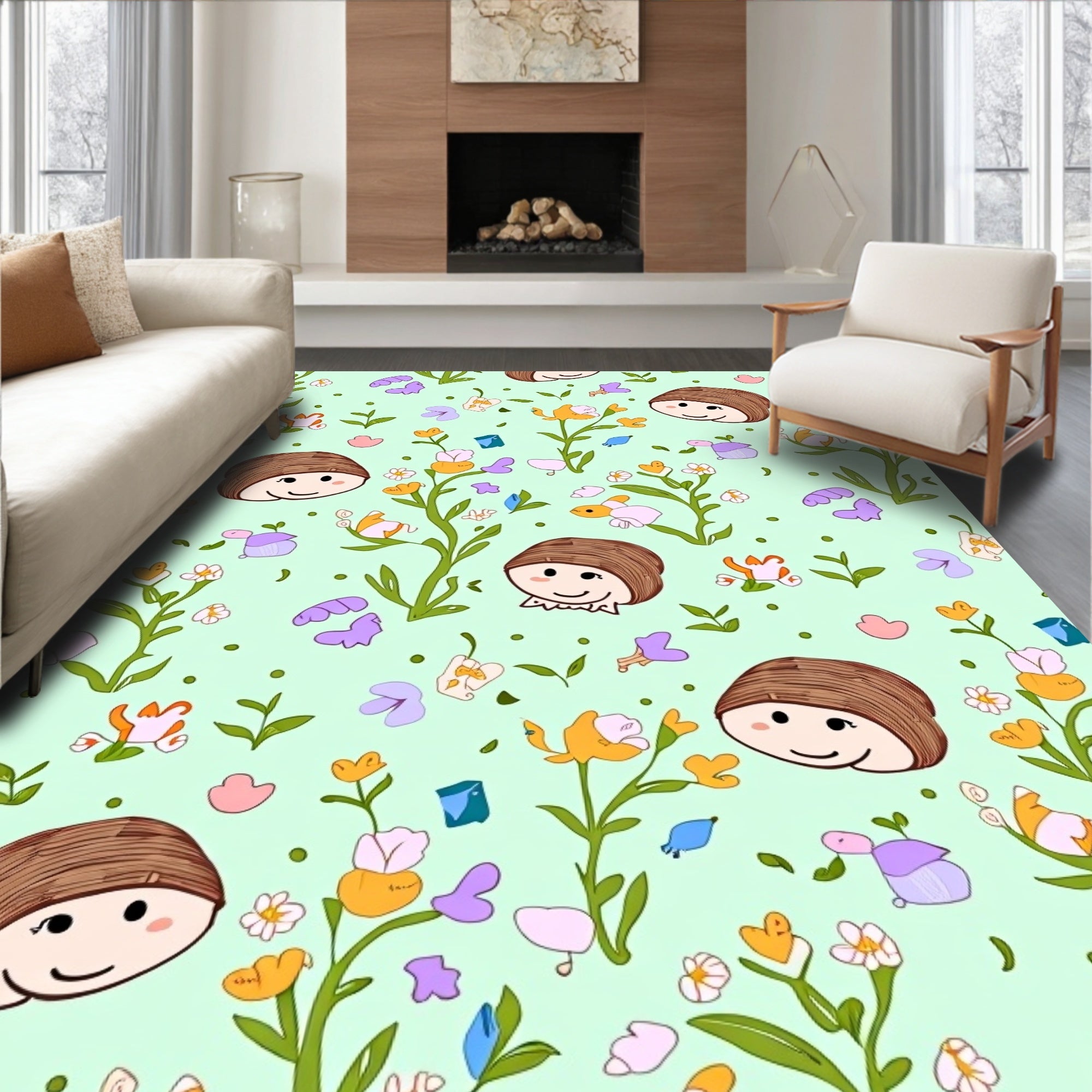 Cheerful Cartoon Faces and Flowers Rug