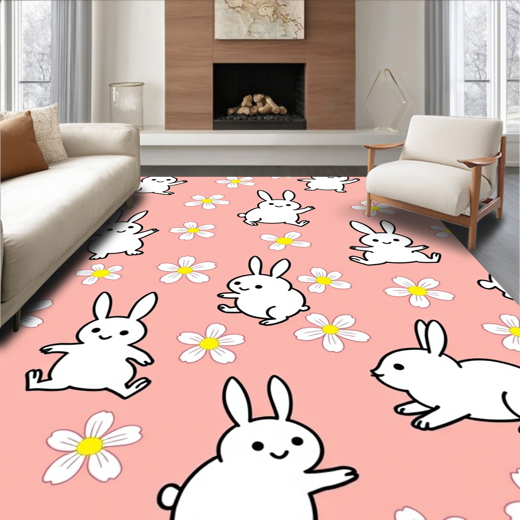 Playful White Bunnies Coral Floral Rug