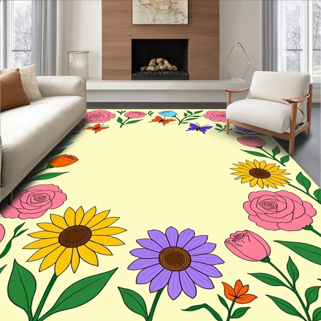 Whimsical Floral Butterfly Garden Frame Rug