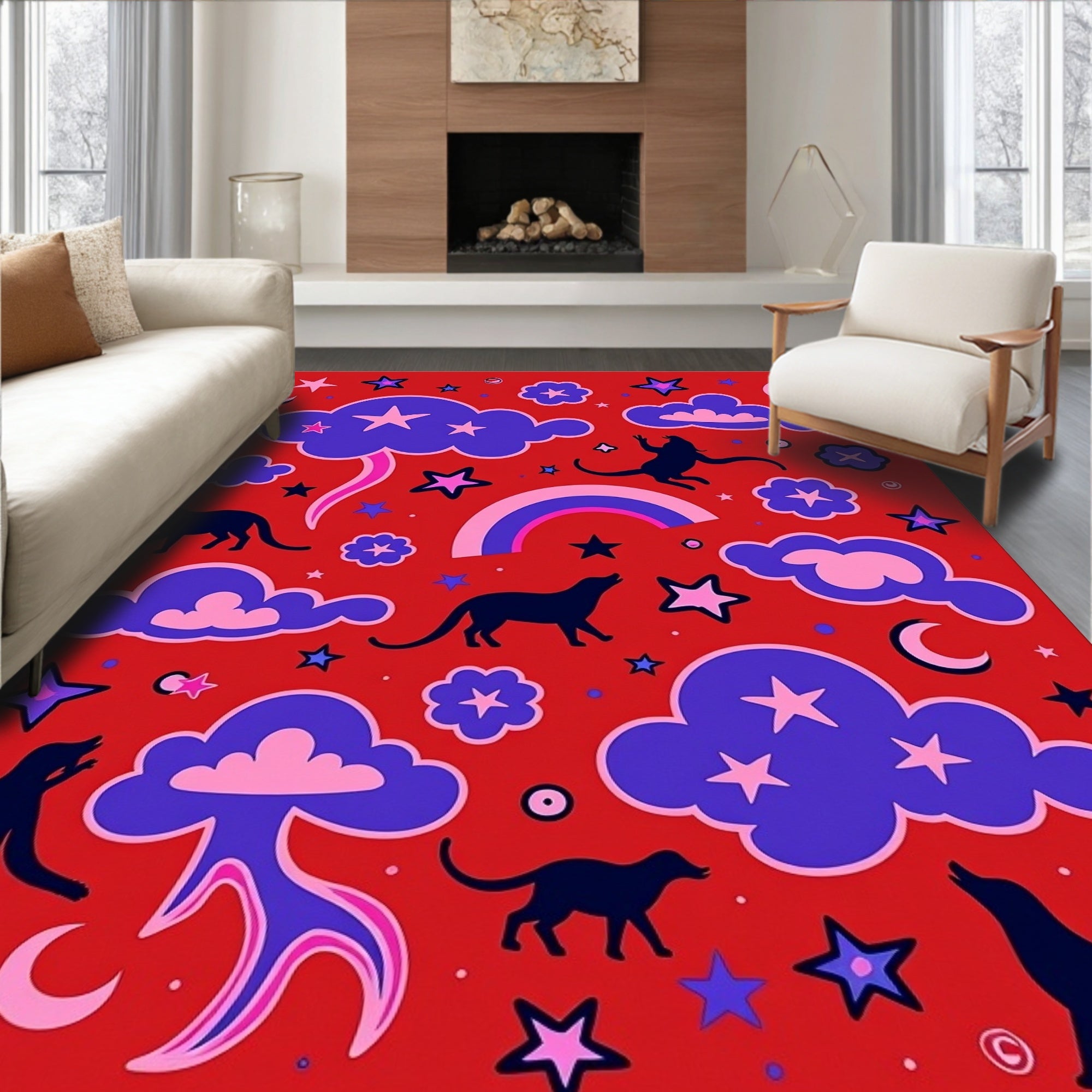 Celestial Night Sky Doggos Rainbow Rug