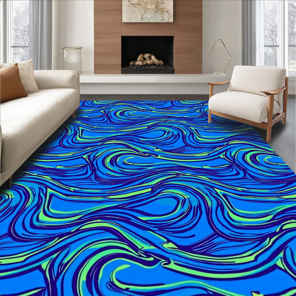 Vibrant Blue Green Swirling Waves Rug