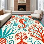 Nautical Red Seahorse Coral Swirls Rug