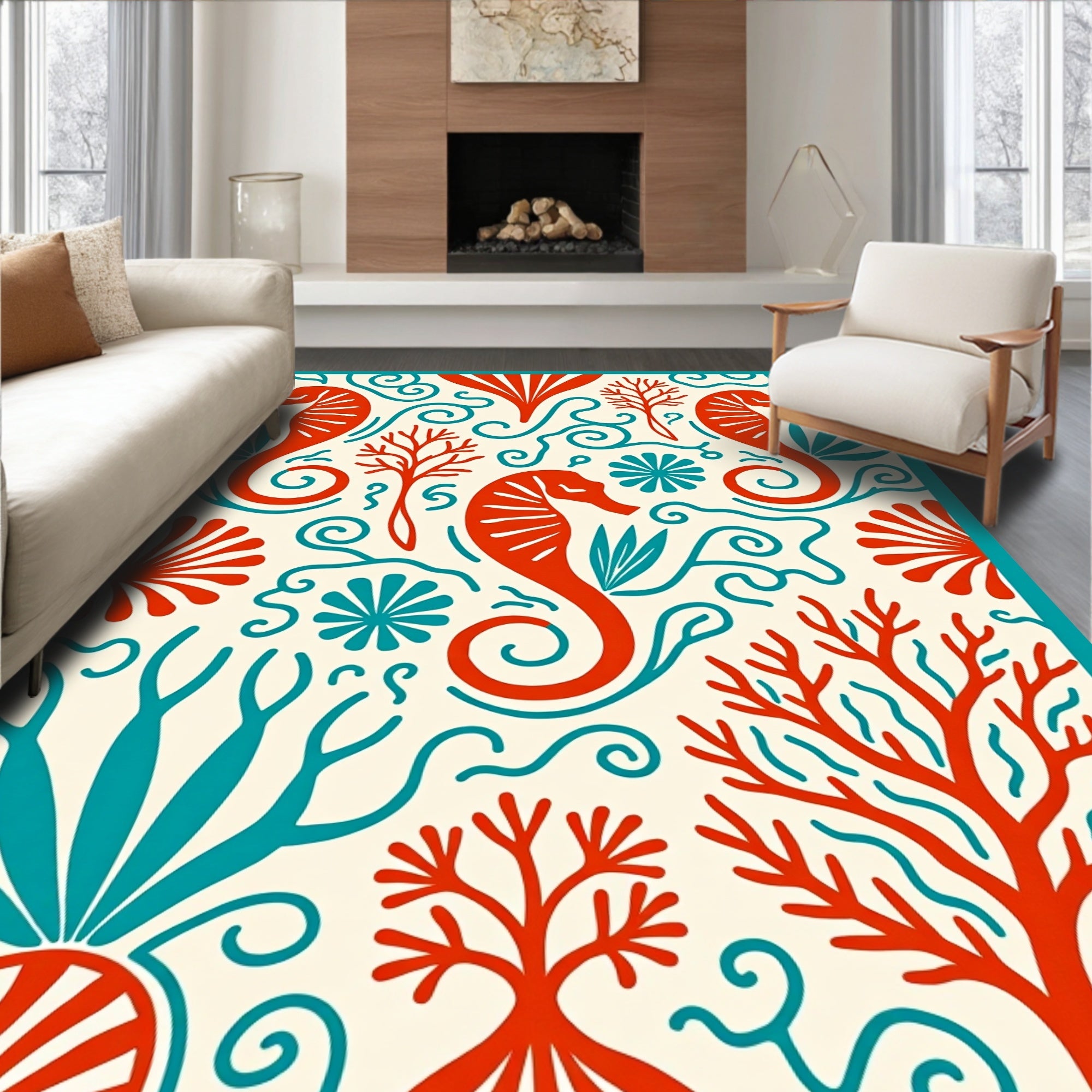 Nautical Red Seahorse Coral Swirls Rug