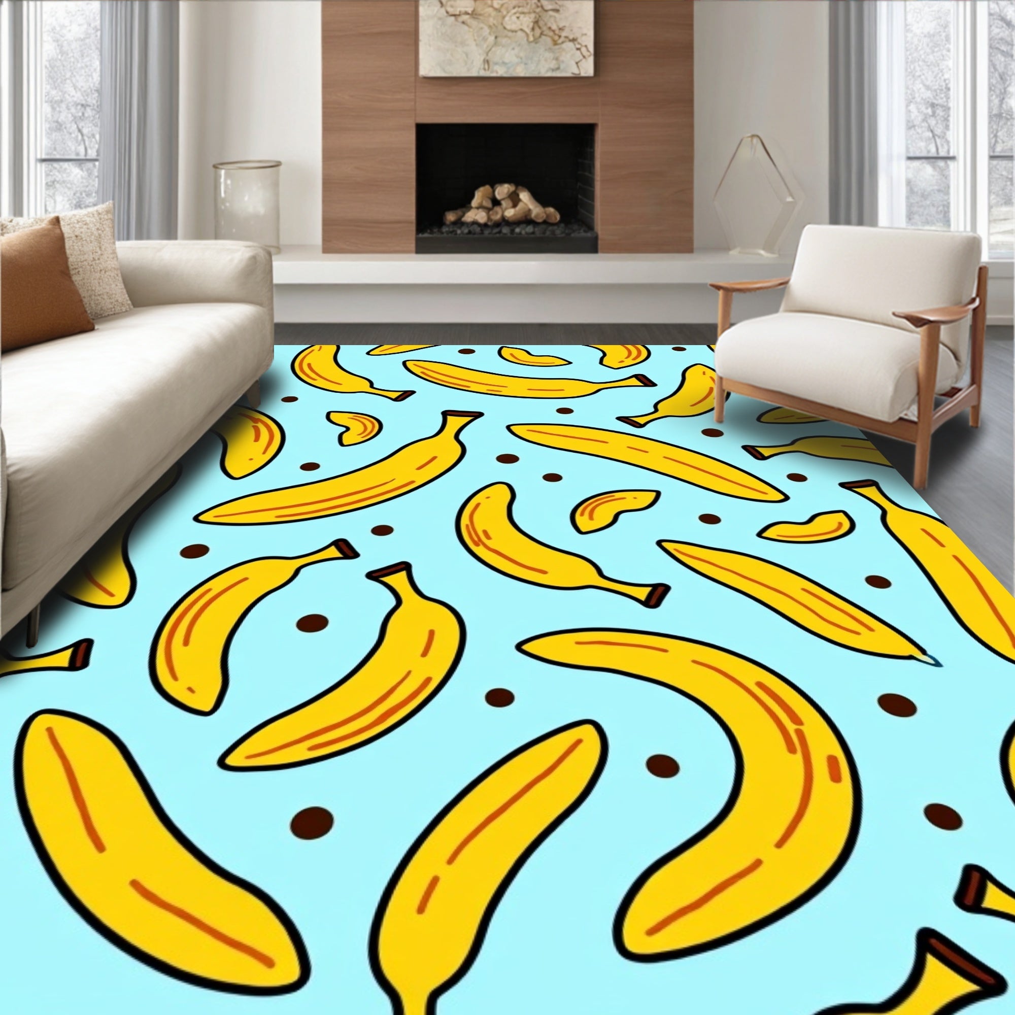 Yellow Bananas Scattered Blue Background Rug