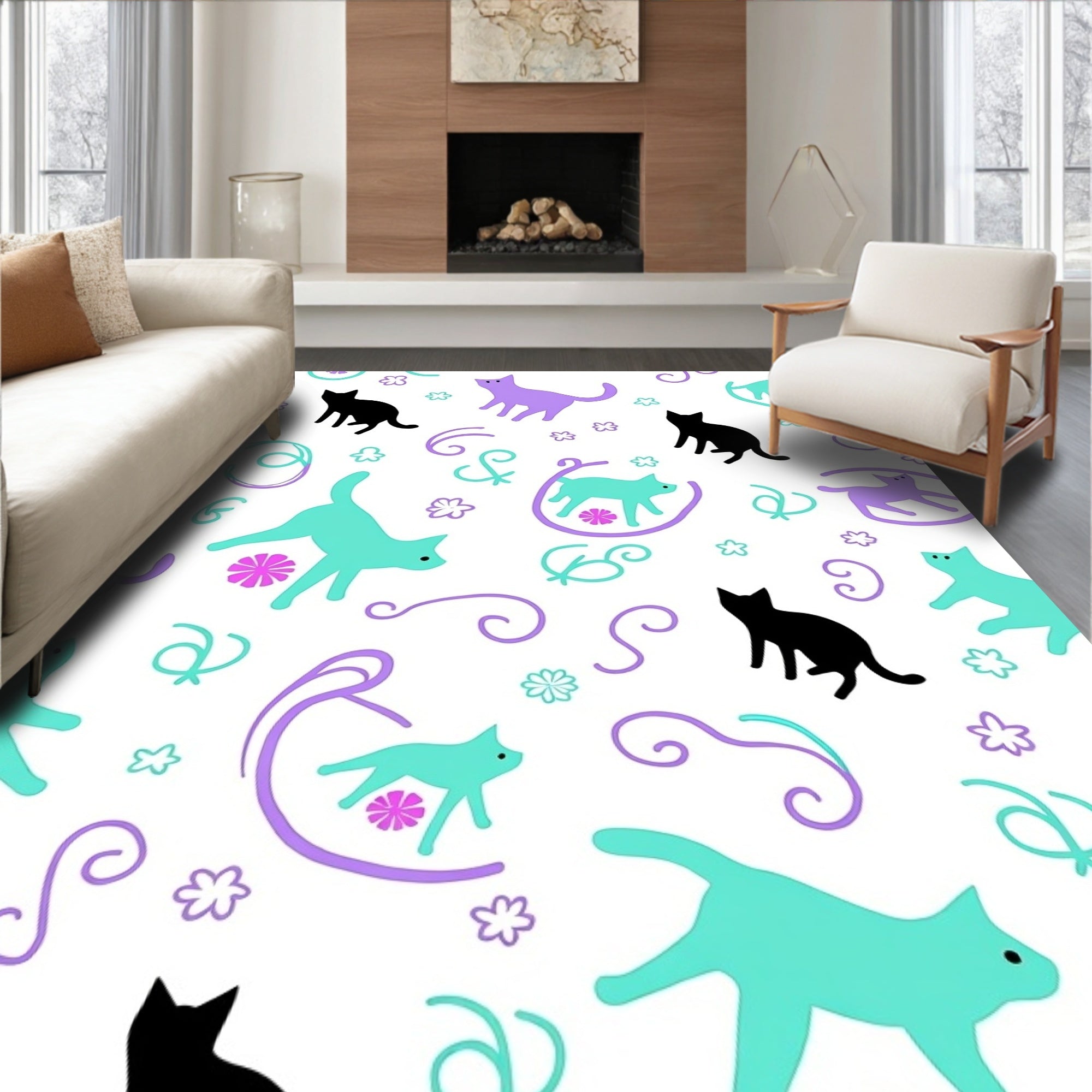 Whimsical Teal Purple Black Cat Swirls Rug