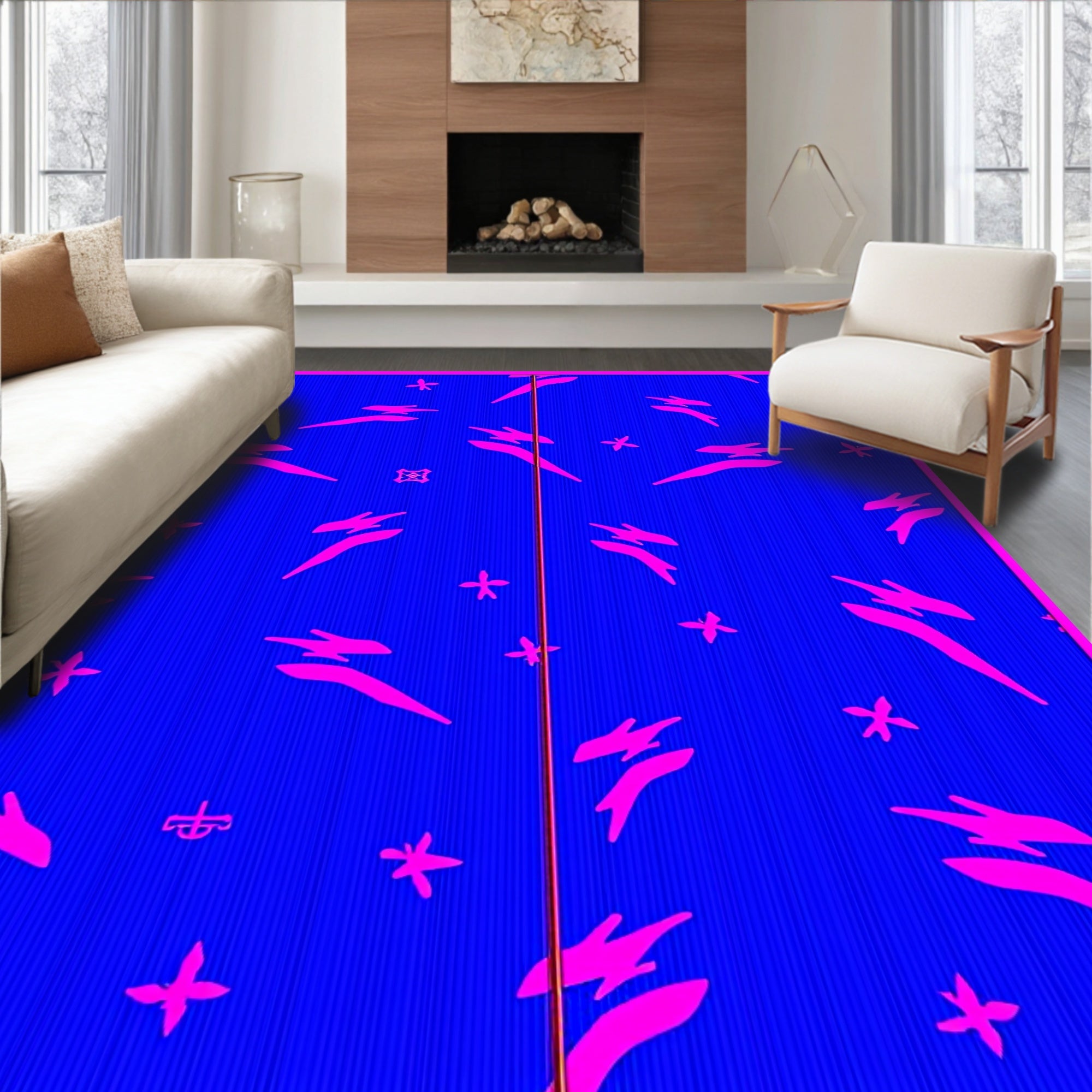 Electric Blue Pink Abstract Brushstrokes Rug