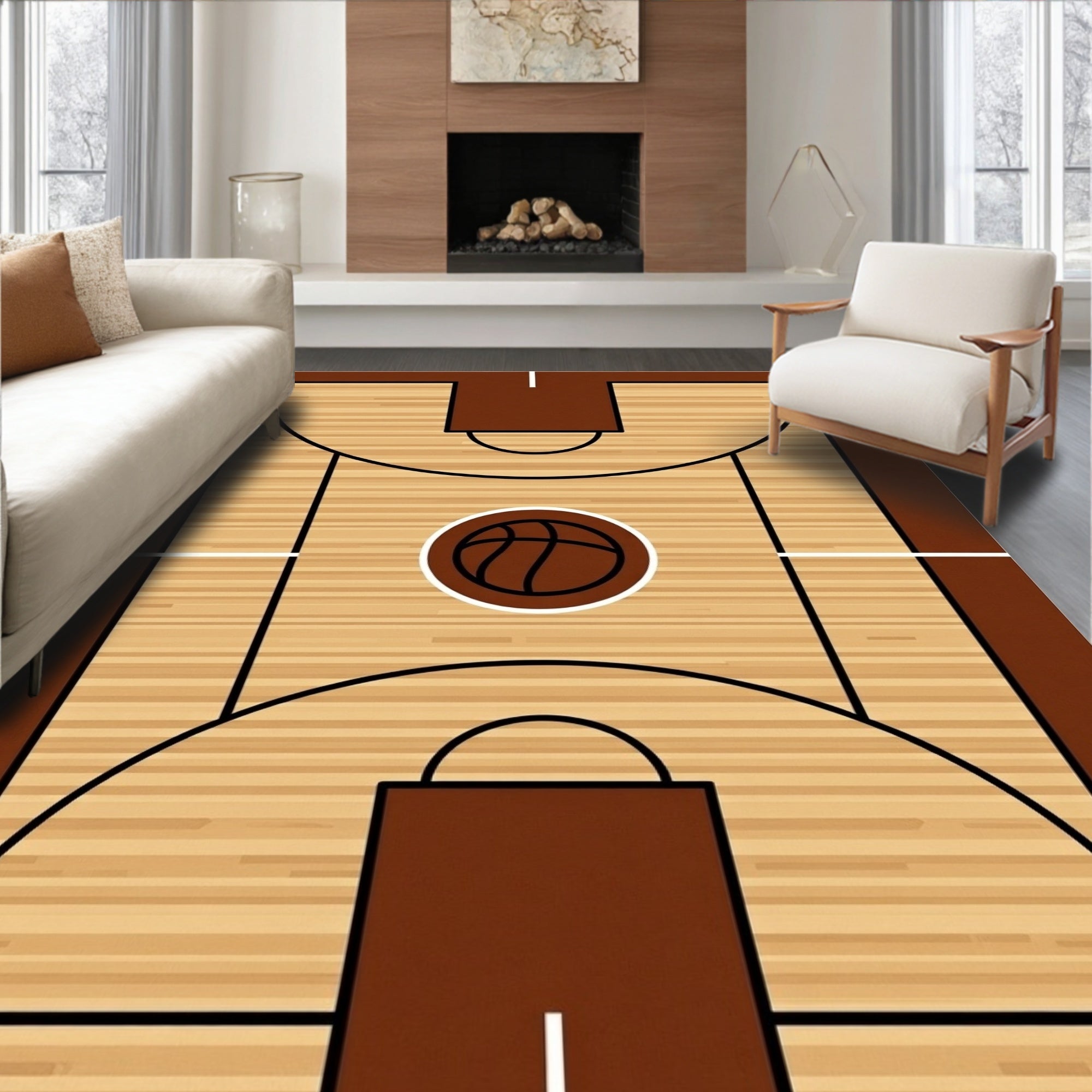 Wooden Basketball Court Court Lines Rug