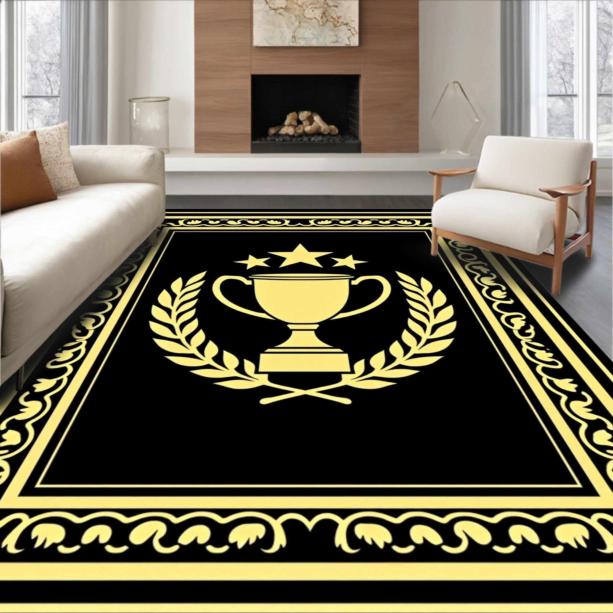 Golden Laurel Trophy Black Border Rug