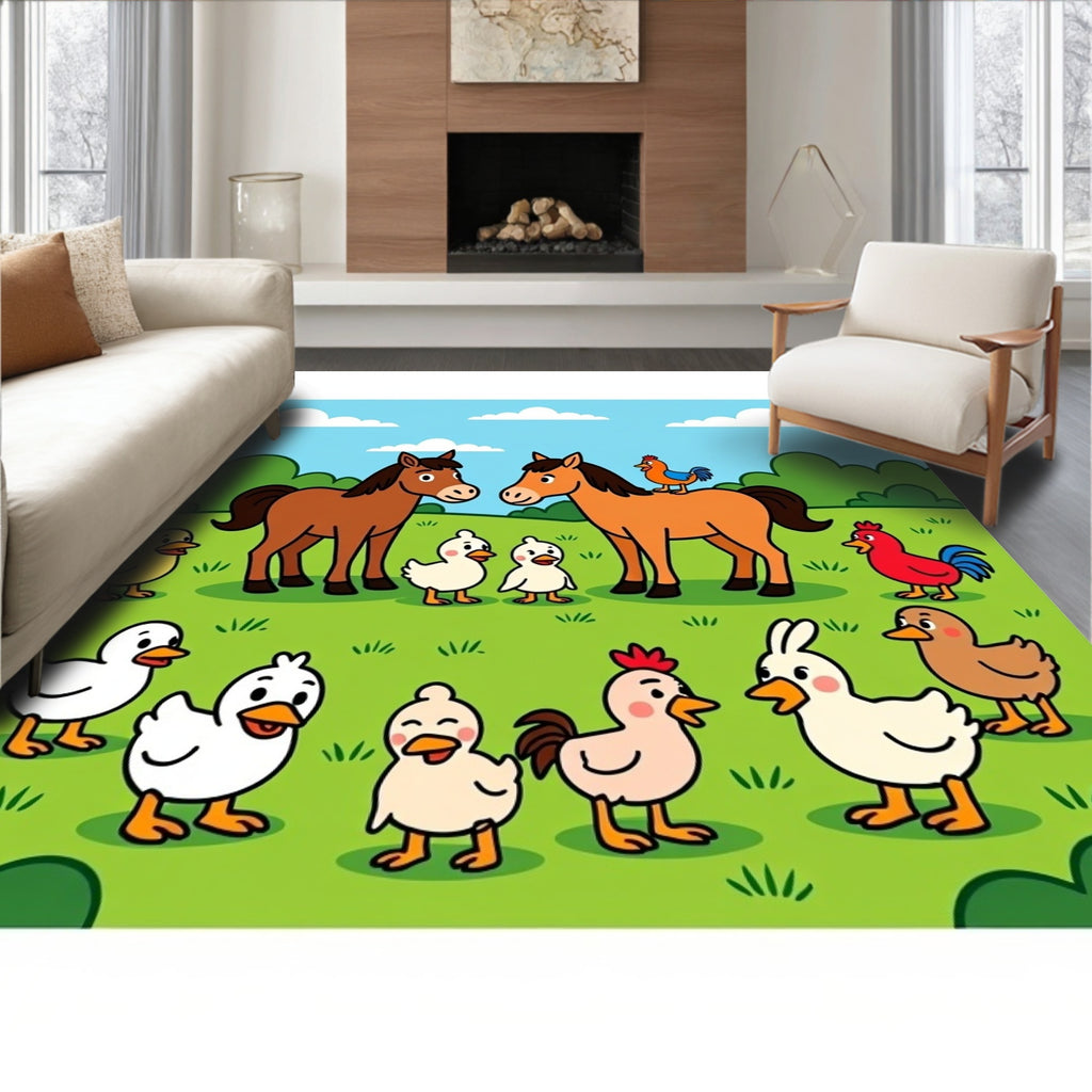 Farm Animals With Happy Chickens And Ducks Rug