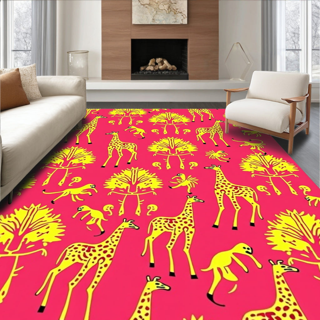 Vibrant Yellow Giraffe Safari Animals Rug