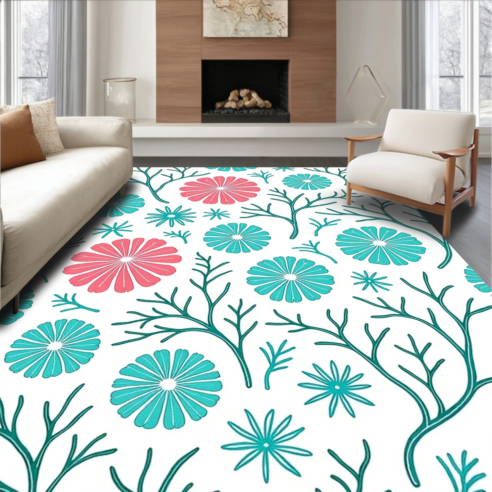 Coral Teal Blooming Branches Rug