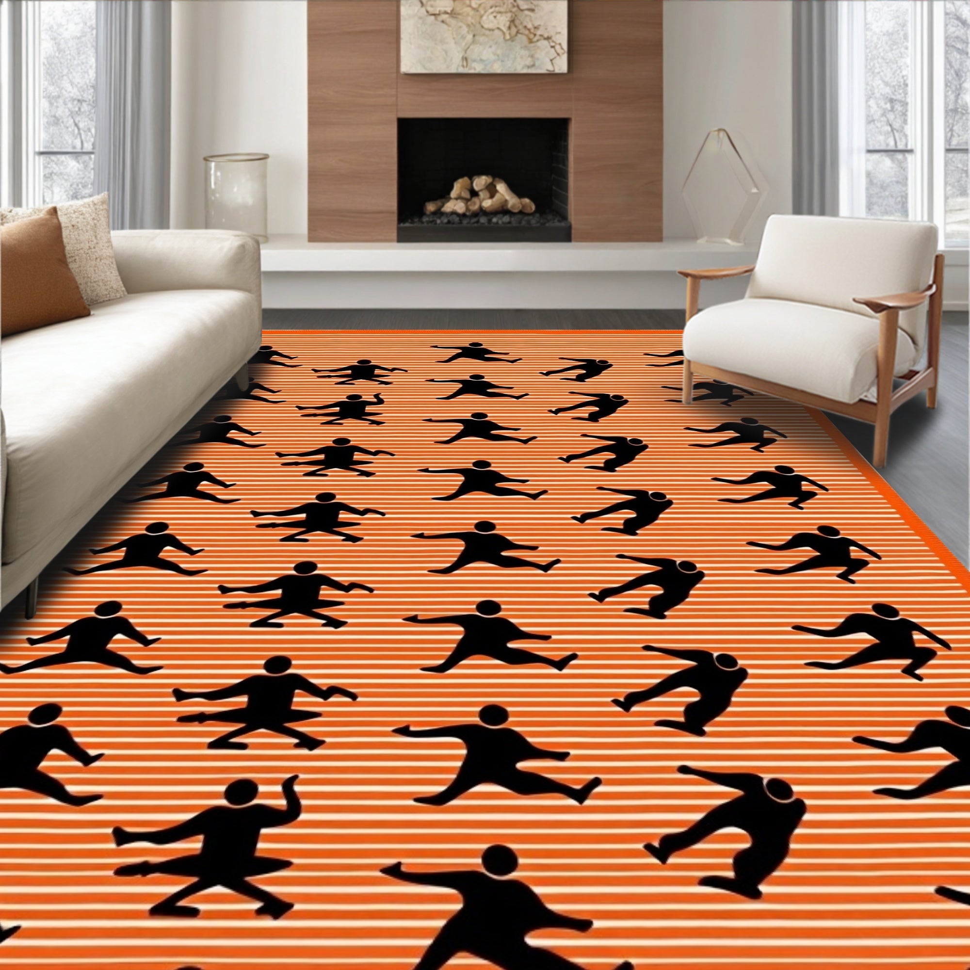 Orange Dynamic Figures Abstract Folk Rug