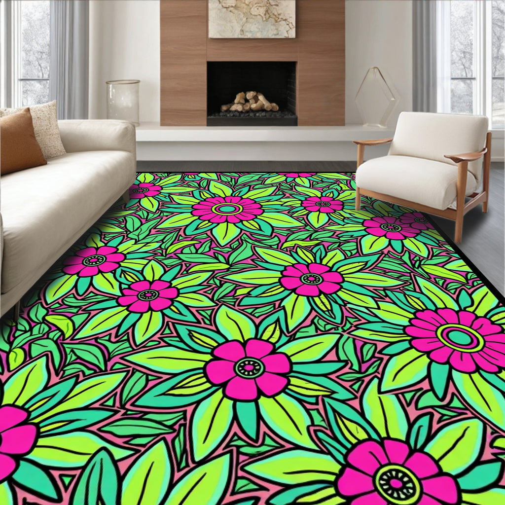 Vibrant Pink Green Floral Foliage Medley Rug