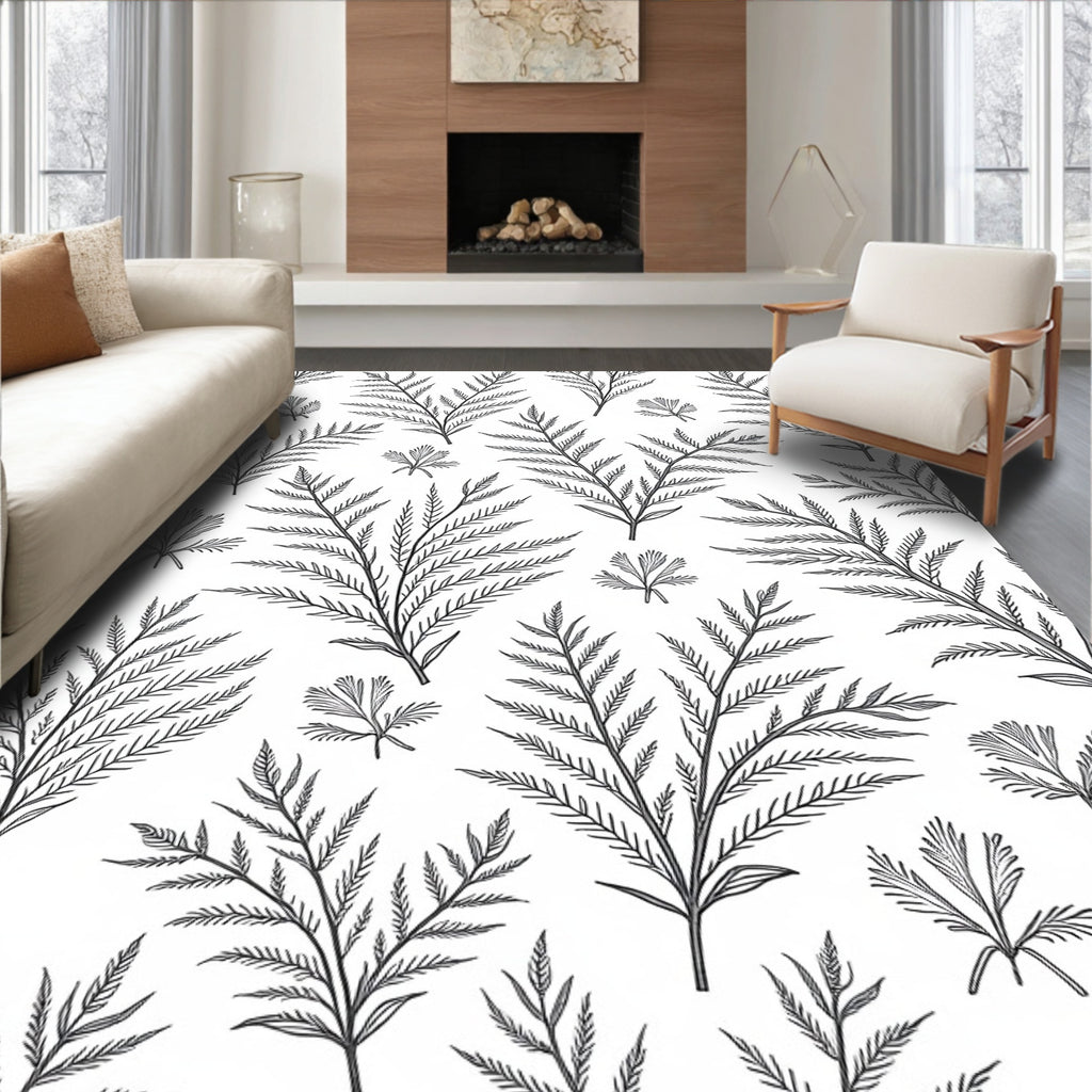 Minimalist Black Fern Leaf Arrangement Rug