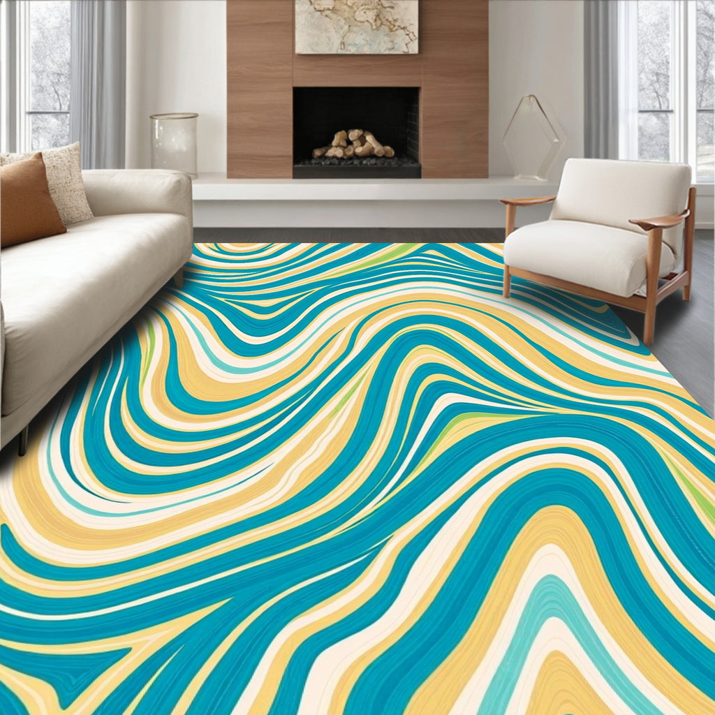 Aqua Yellow Swirl Abstract Lines Rug