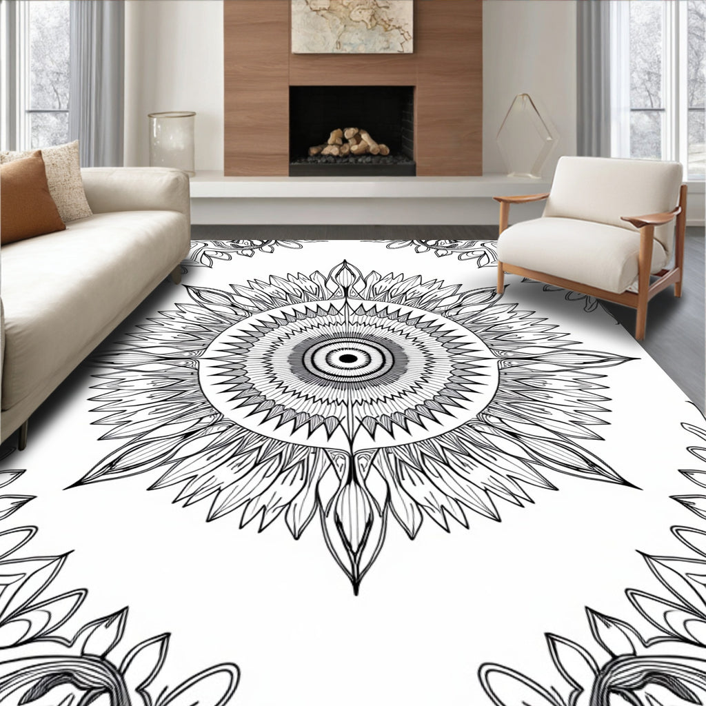 Intricate Black Sunflower Mandala Rug