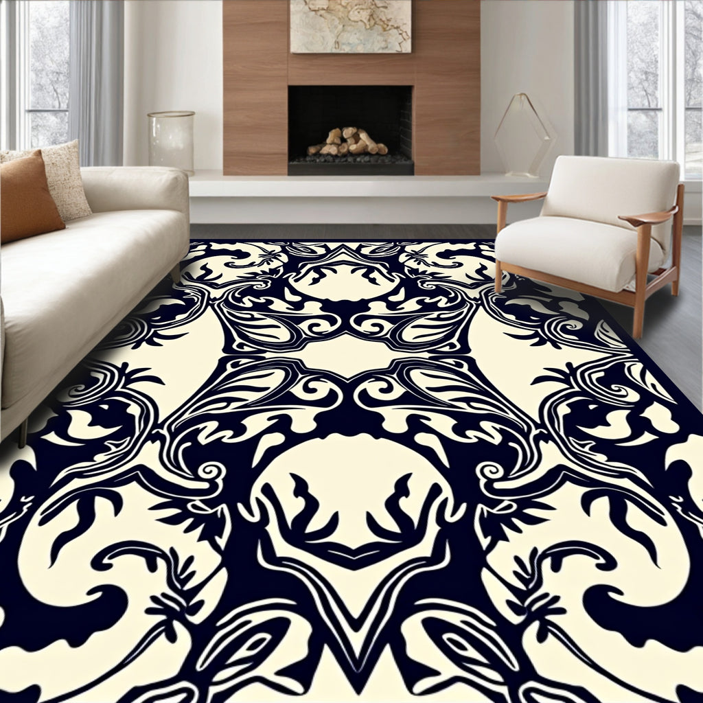 Dark Blue Cream Organic Foliage Rug