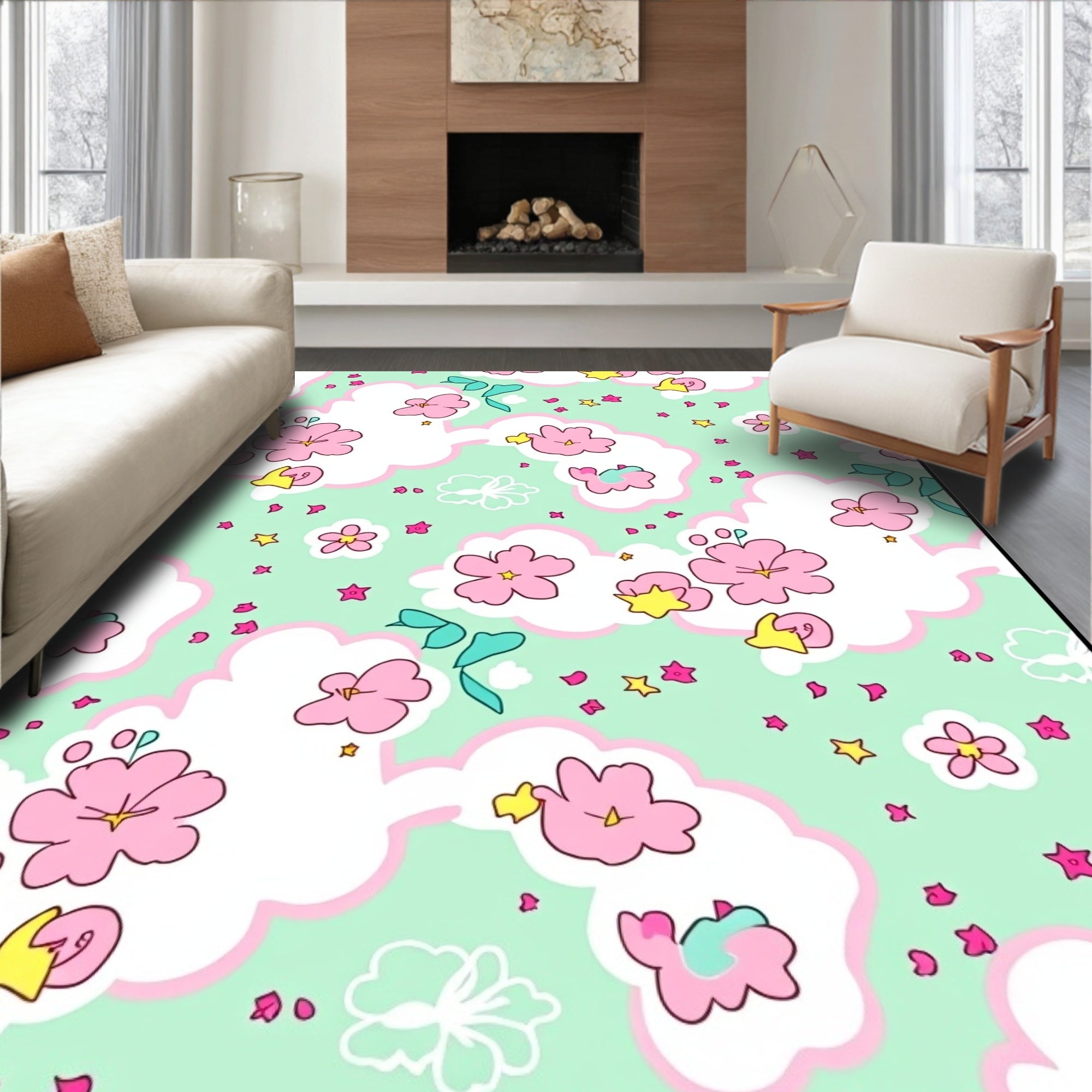 Pastel Pink Floral Cloud Scatter Rug