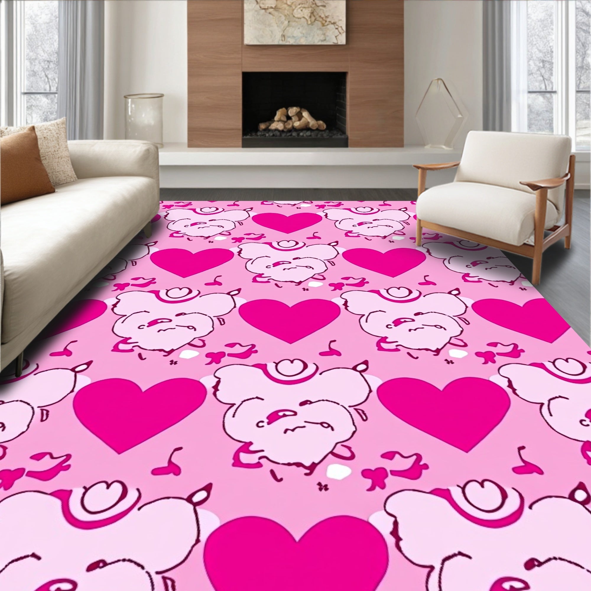 Pink Hearts Whimsical Creatures Rug