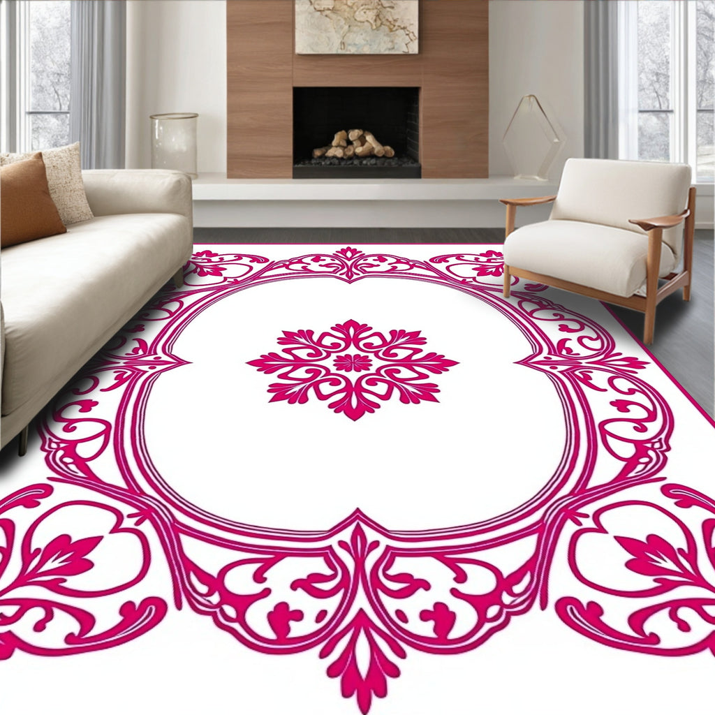 Ornate Crimson Floral Medallion Frame Rug