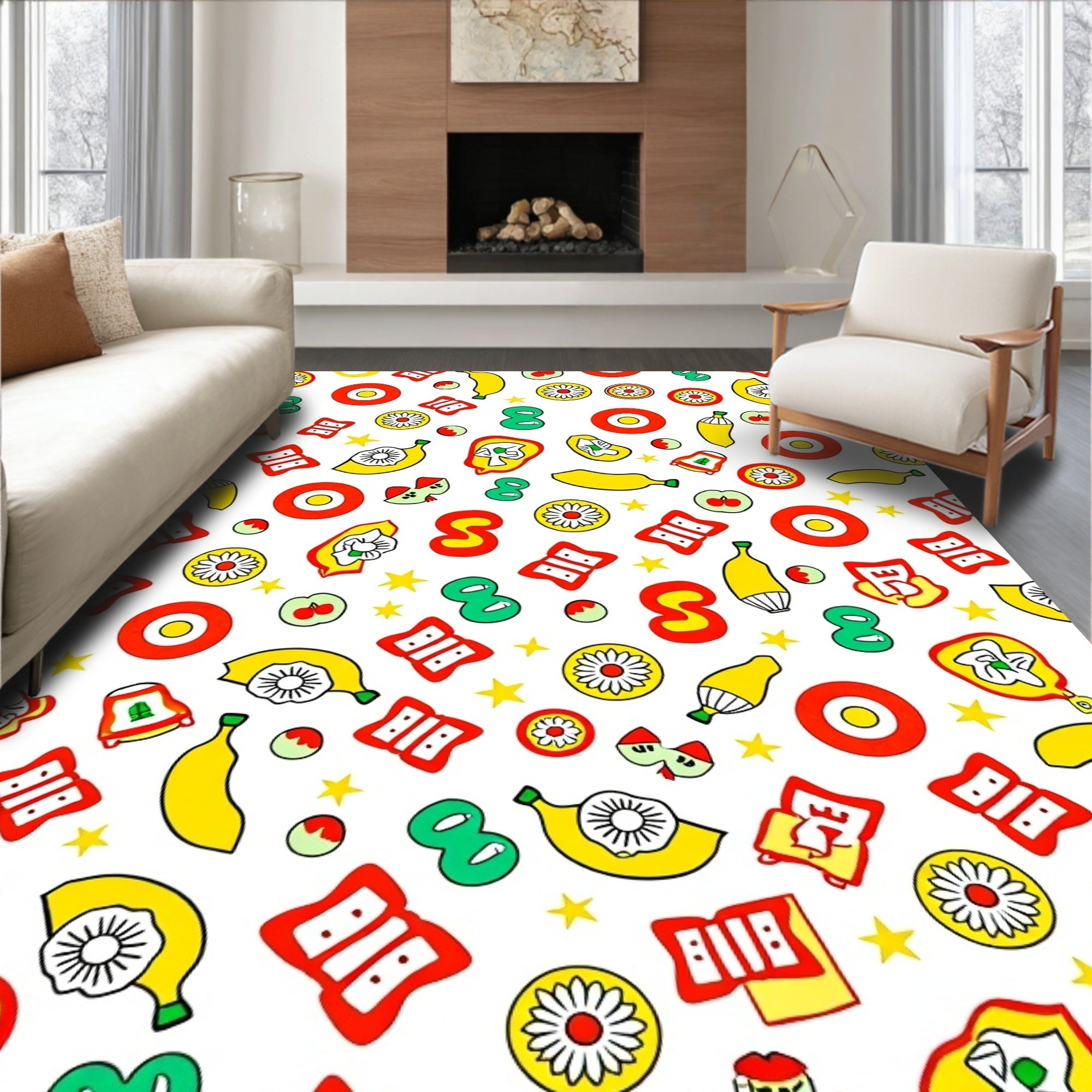 Whimsical Yellow Fruit Red Circles Green Eights Rug