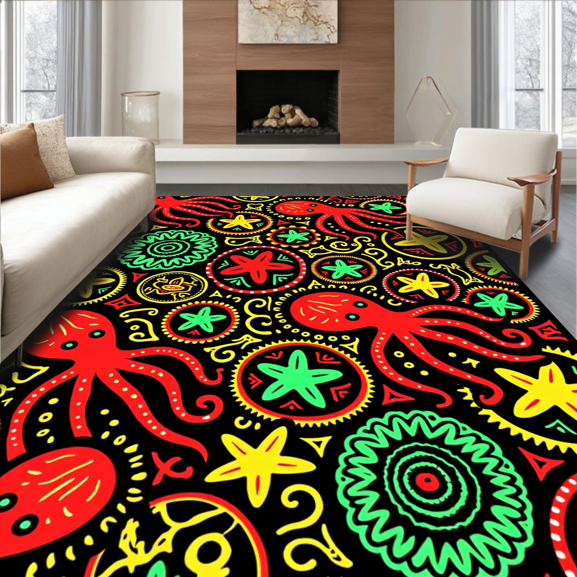 Red Octopus Starburst Folk Art Rug