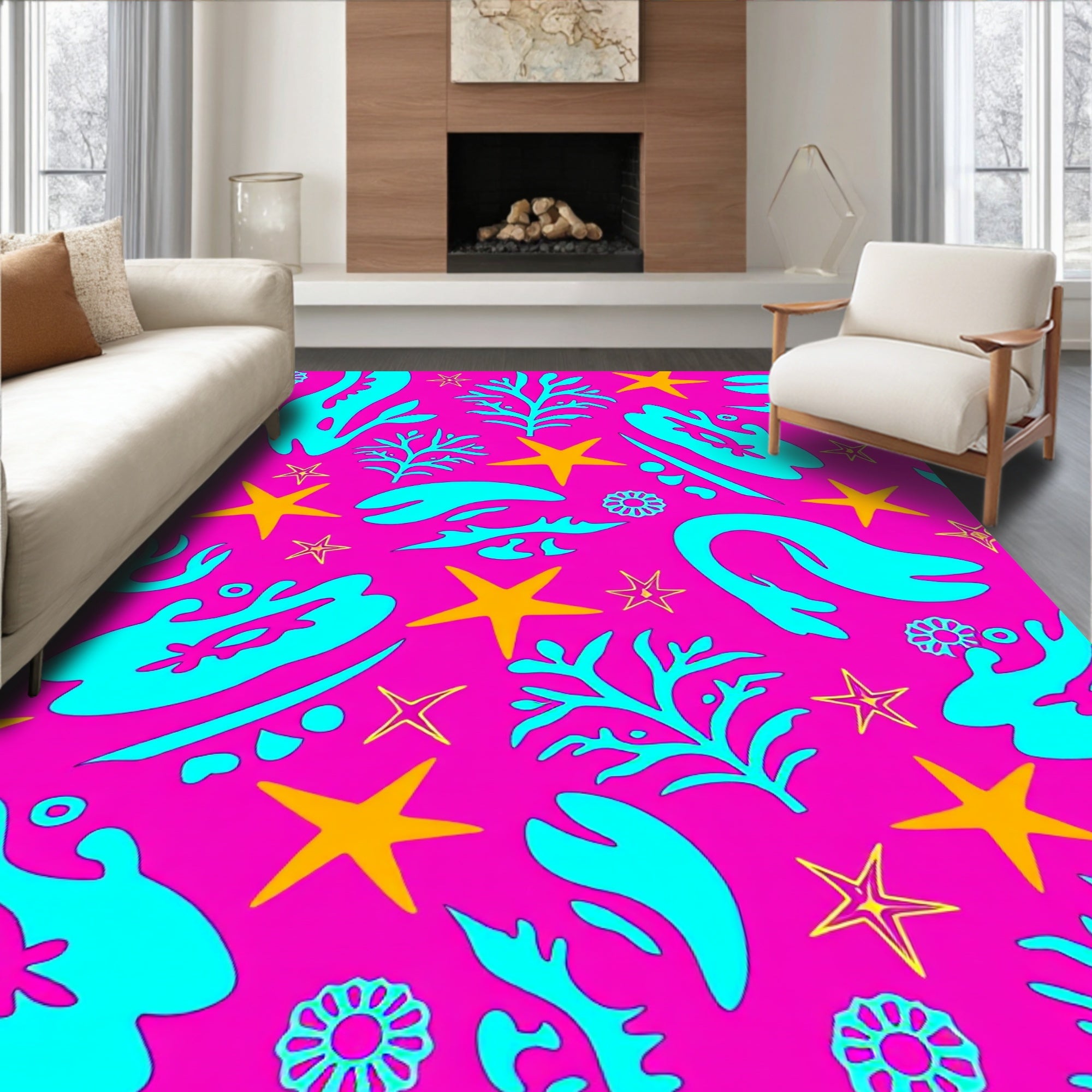 Bright Aqua Coral Stars Rug