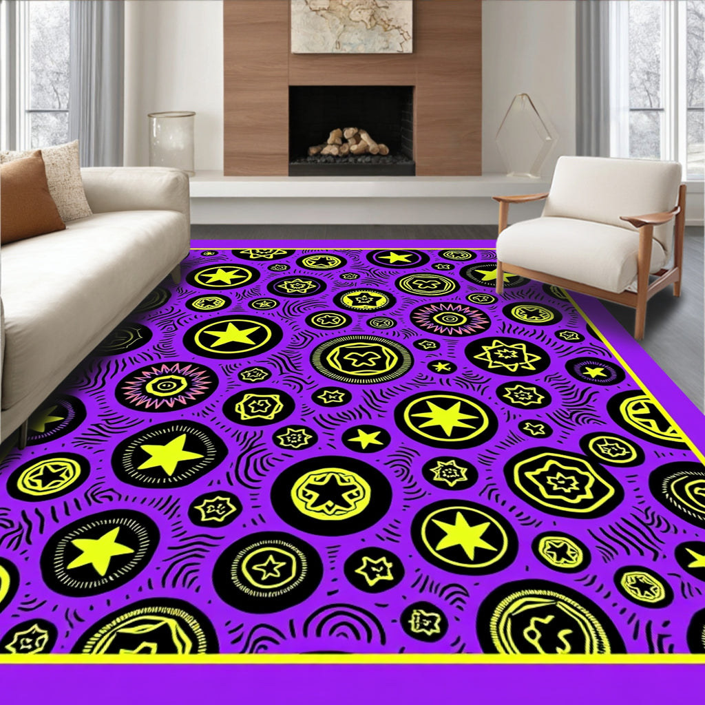 Vibrant Yellow Starbursts on Purple Background Rug