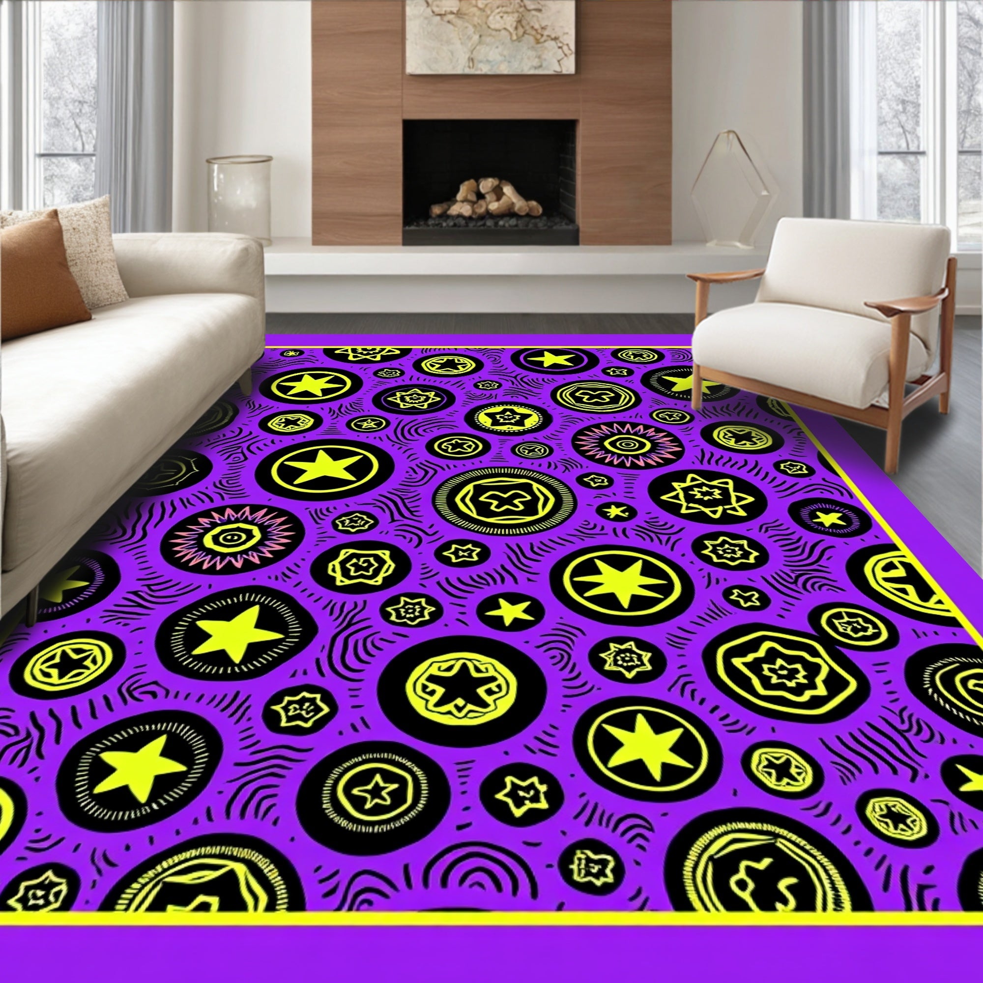 Vibrant Yellow Starbursts on Purple Background Rug