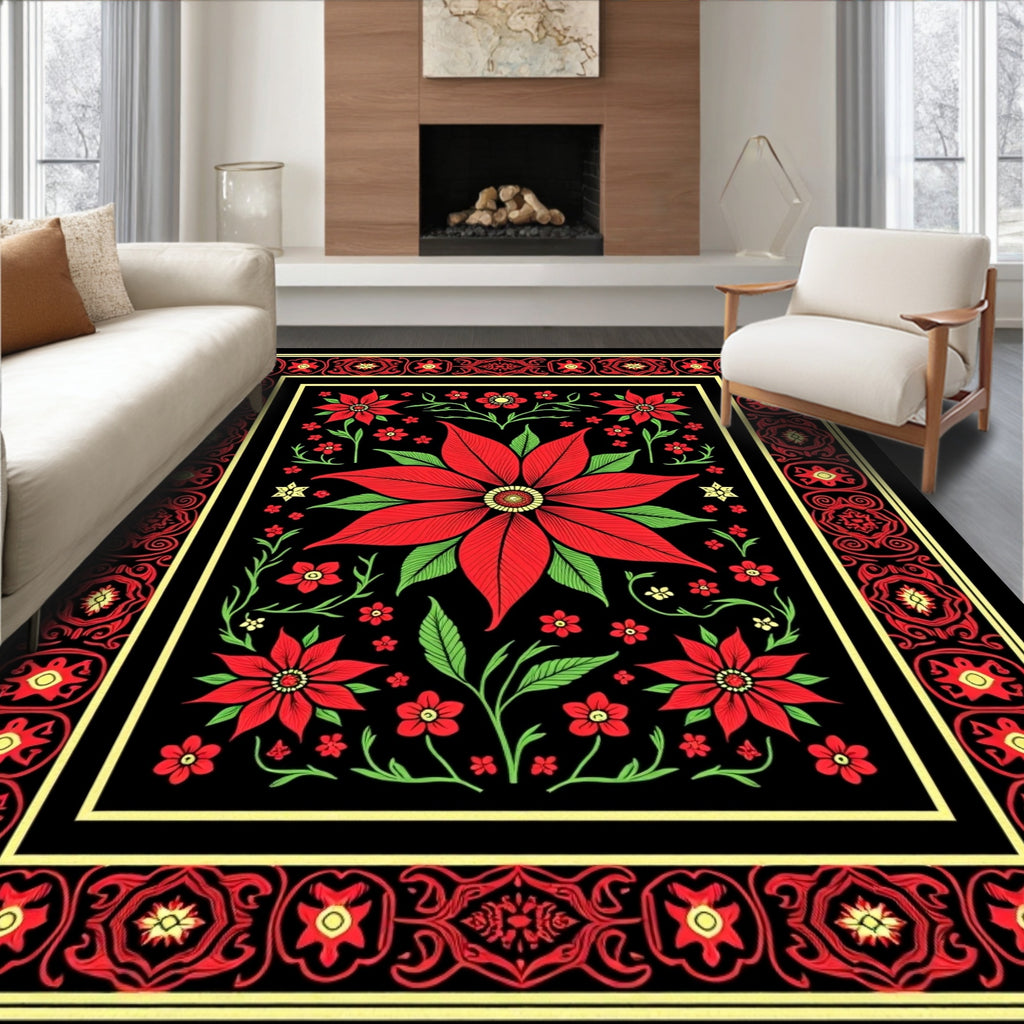 Vibrant Red Floral Garden Border Rug