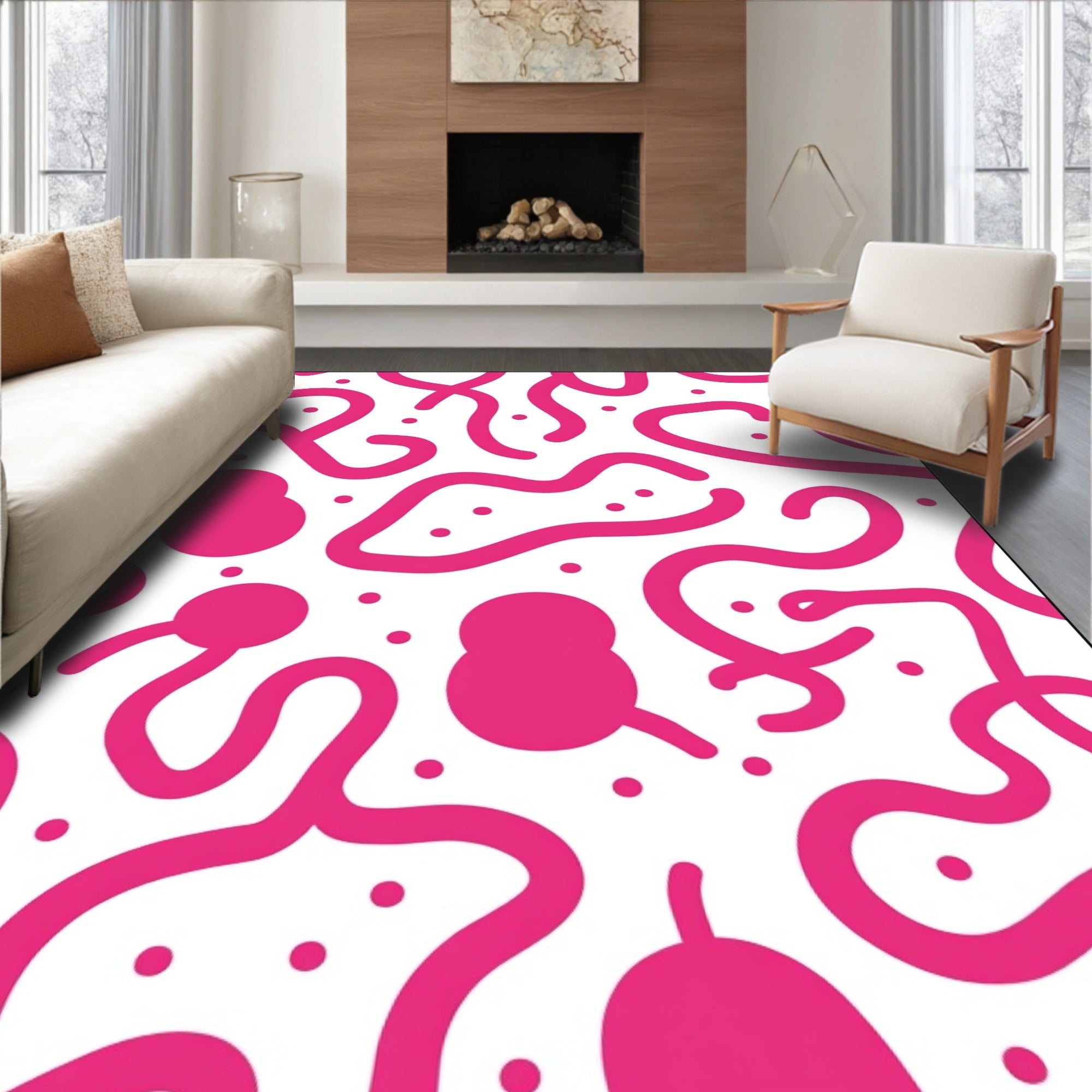 Hot Pink Abstract Whimsical Curvy Rug