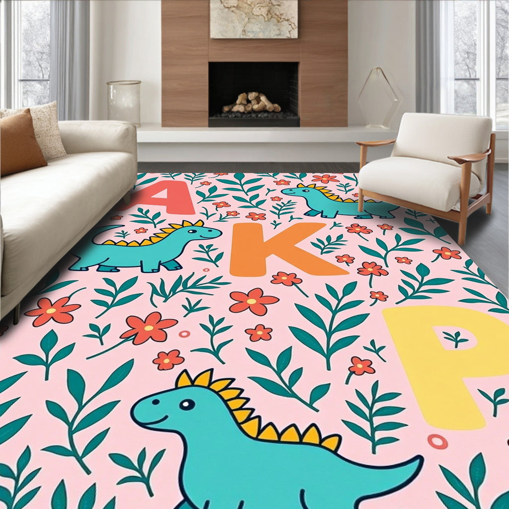 Aqua Dinosaurs Pink Floral Alphabet Rug
