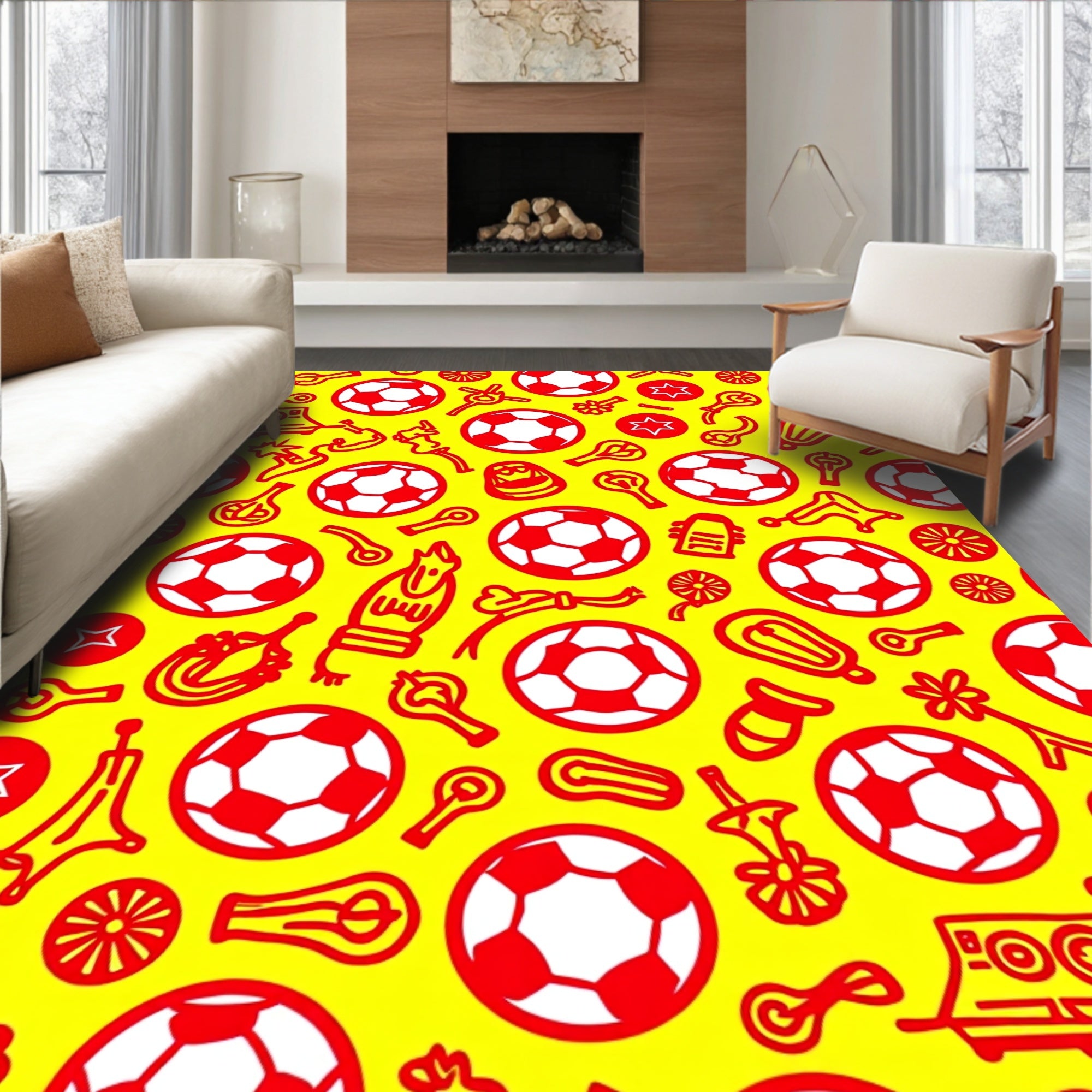 Red Soccer Balls Festive Yellow Repeat Rug