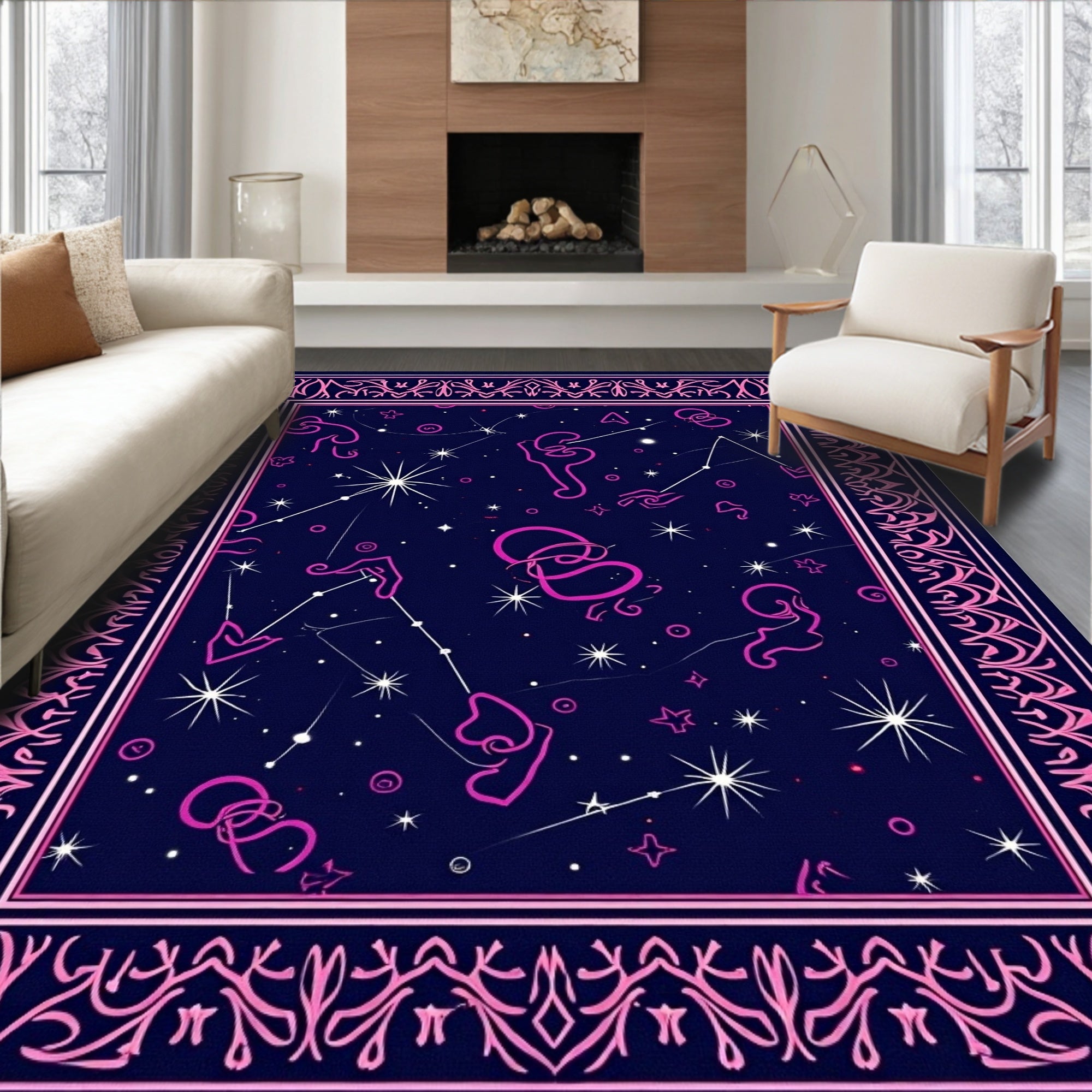 Cosmic Pink Zodiac Constellation Night Rug