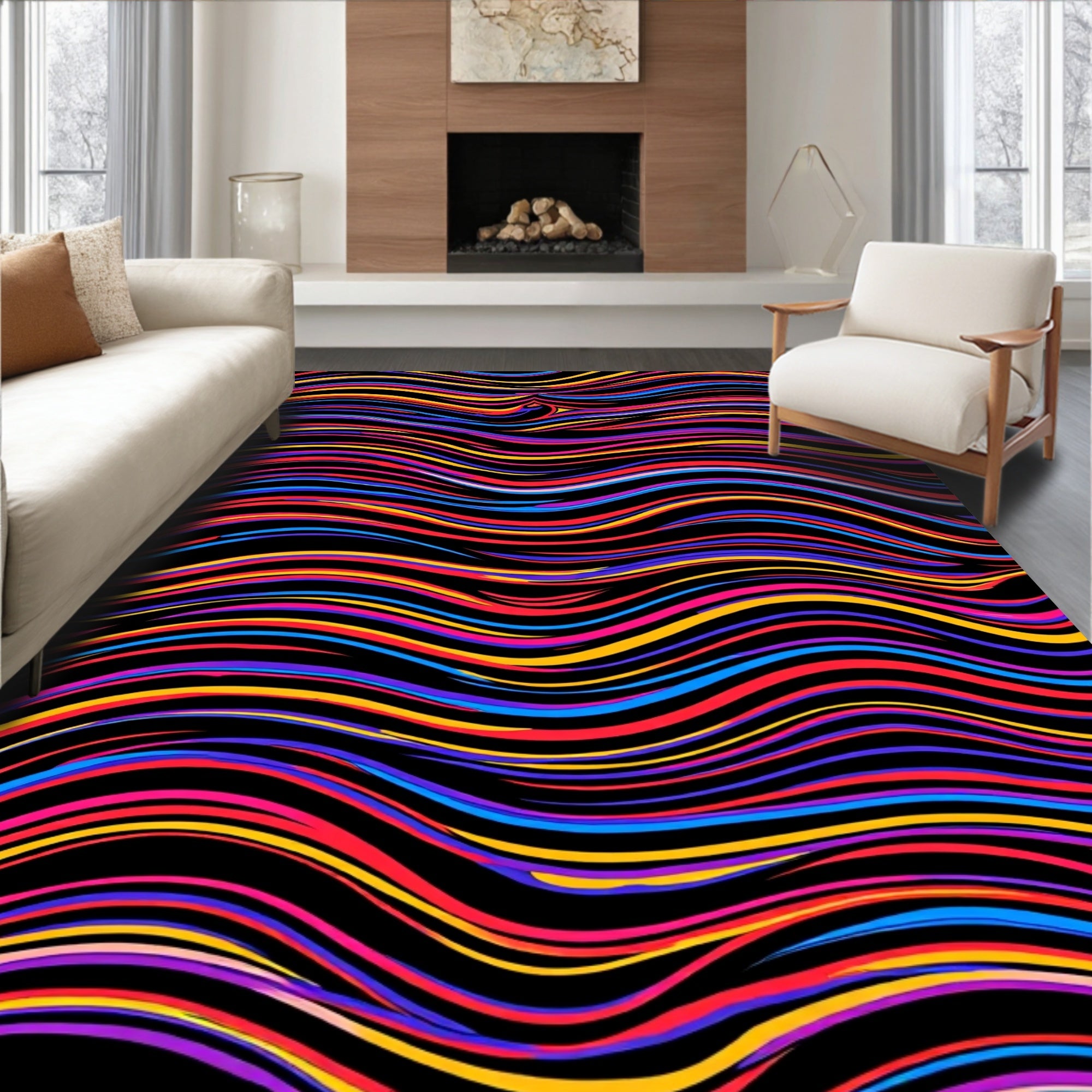 Vibrant Rainbow Stripe Wave Rug