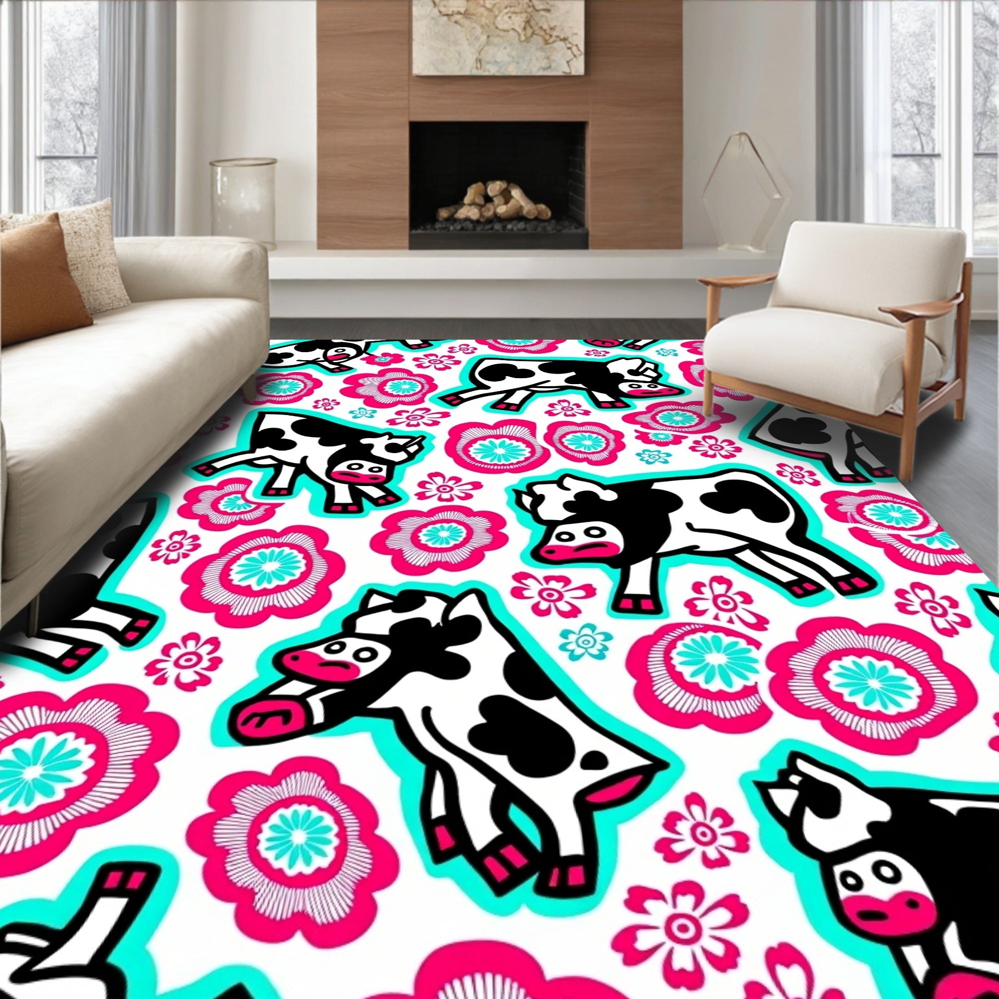 Playful Cows Floral Whimsy Rug