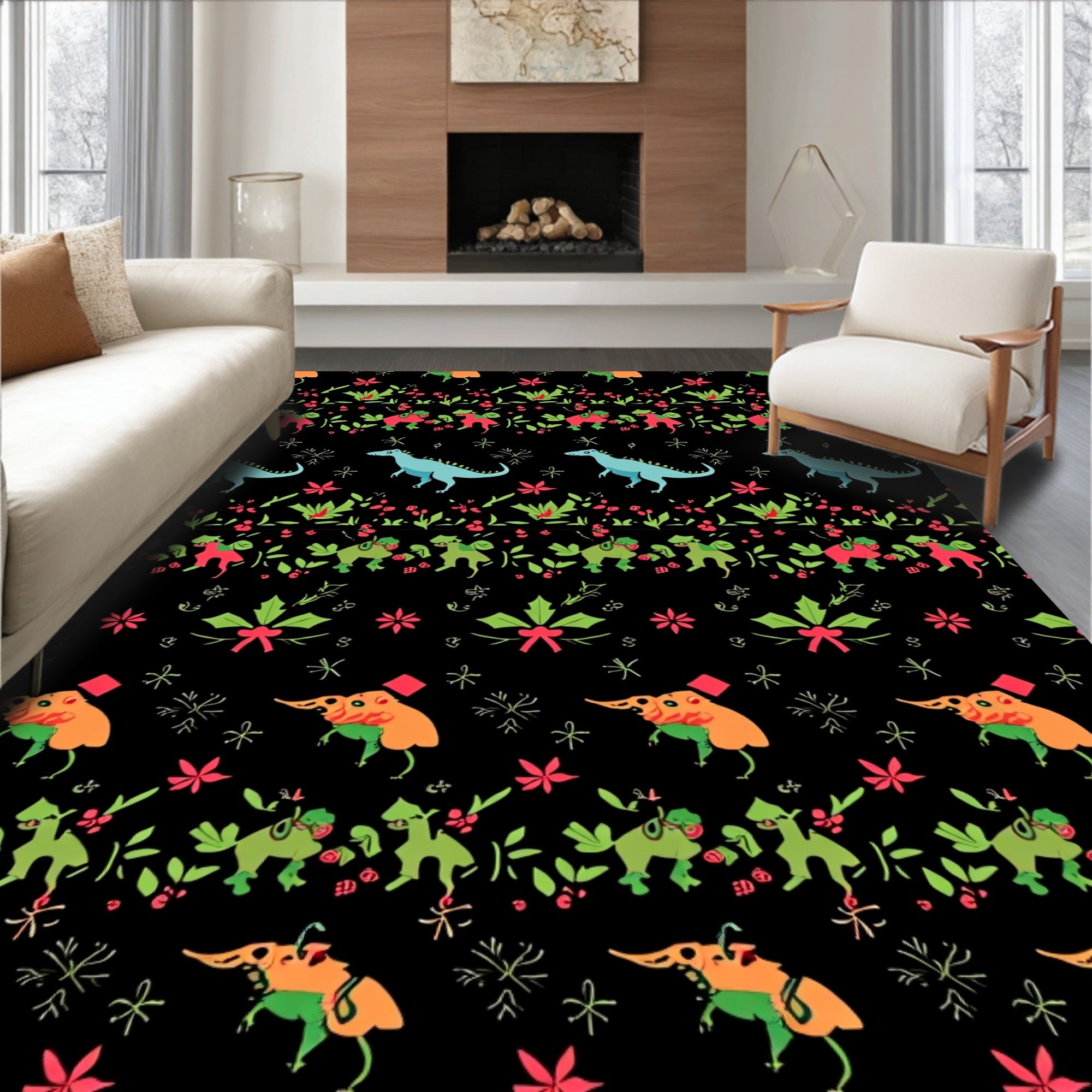 Whimsical Dino Holiday Stripe Rug
