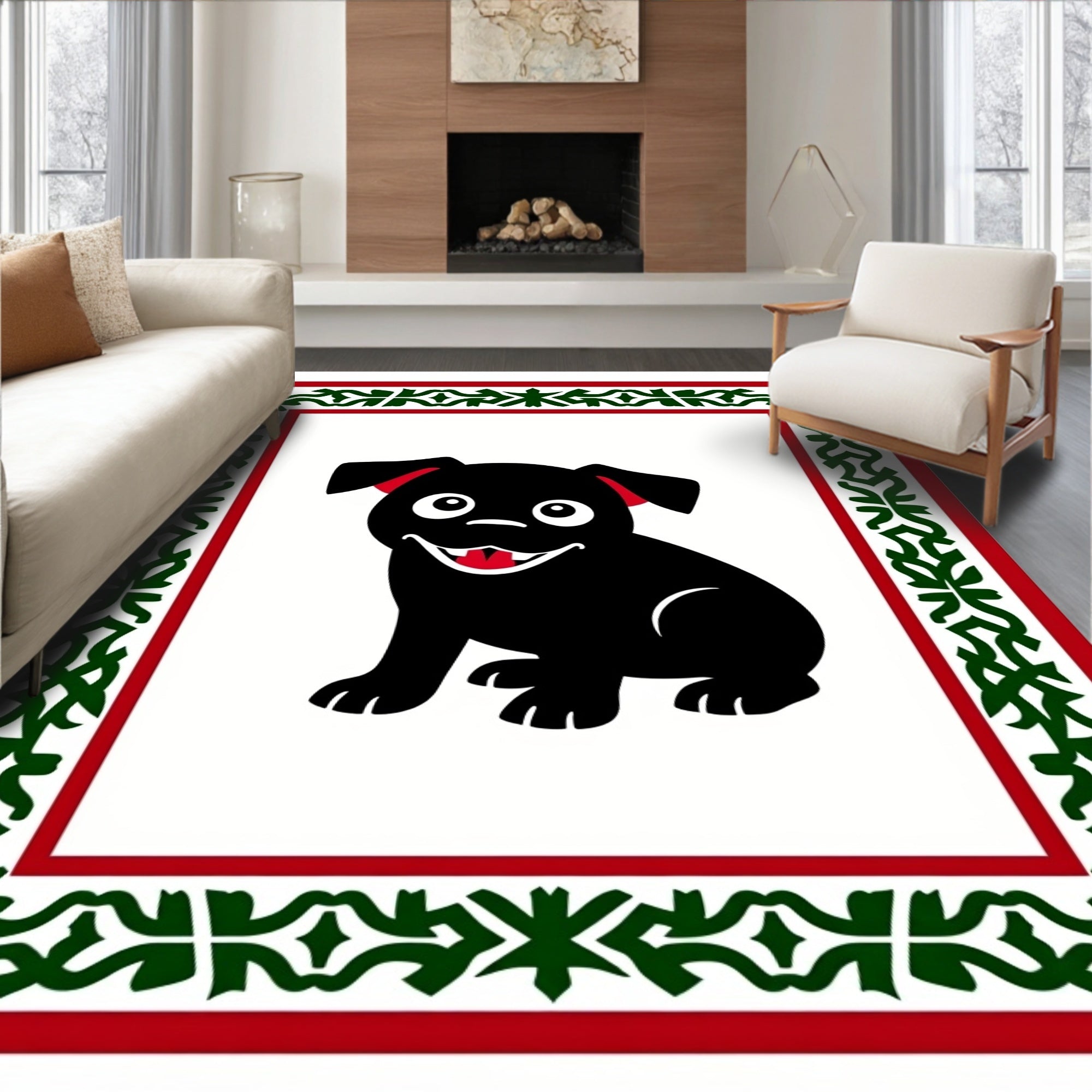 Happy Black Pug Red Green Border Rug