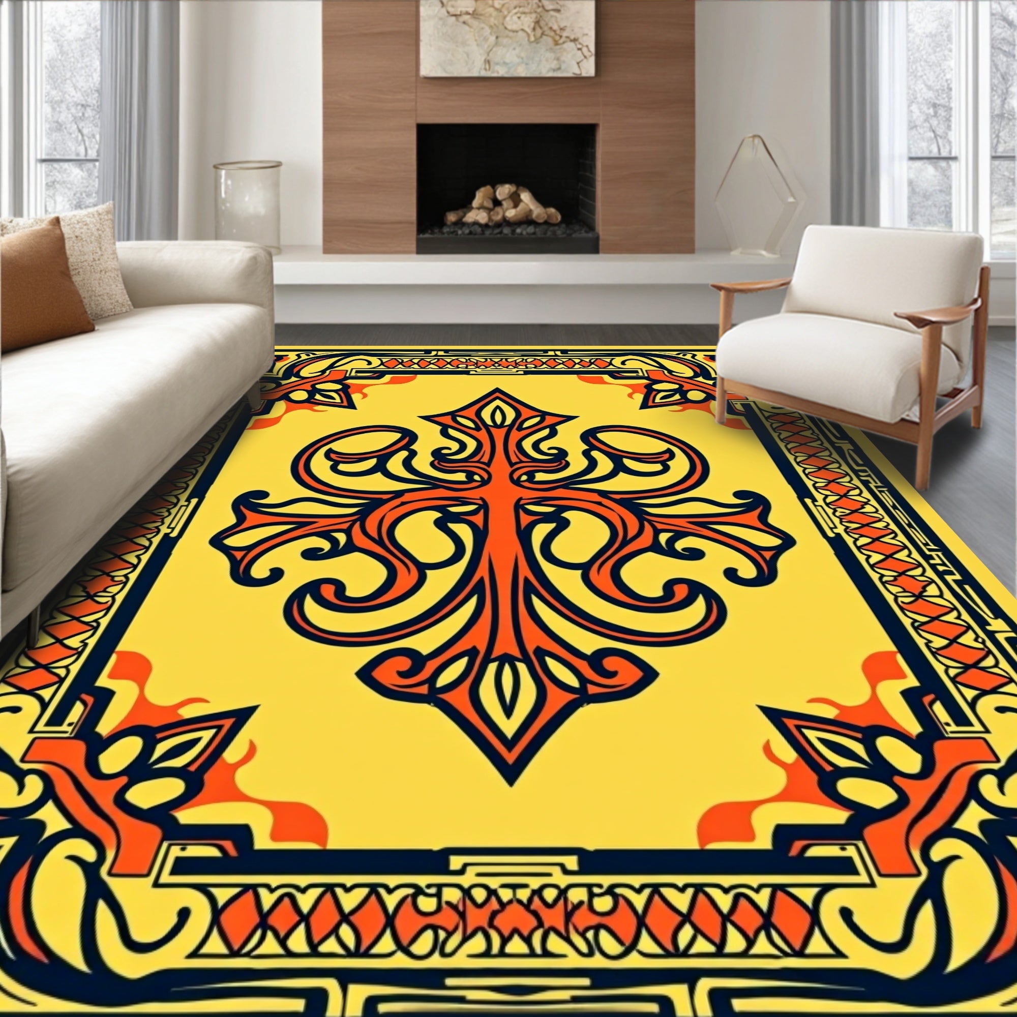 Orange And Navy Symmetrical Frame Rug