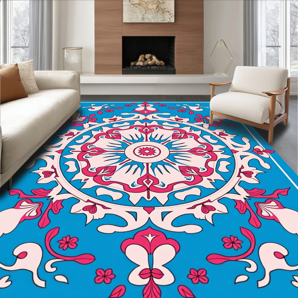 Majestic Pink and Blue Floral Mandala Rug