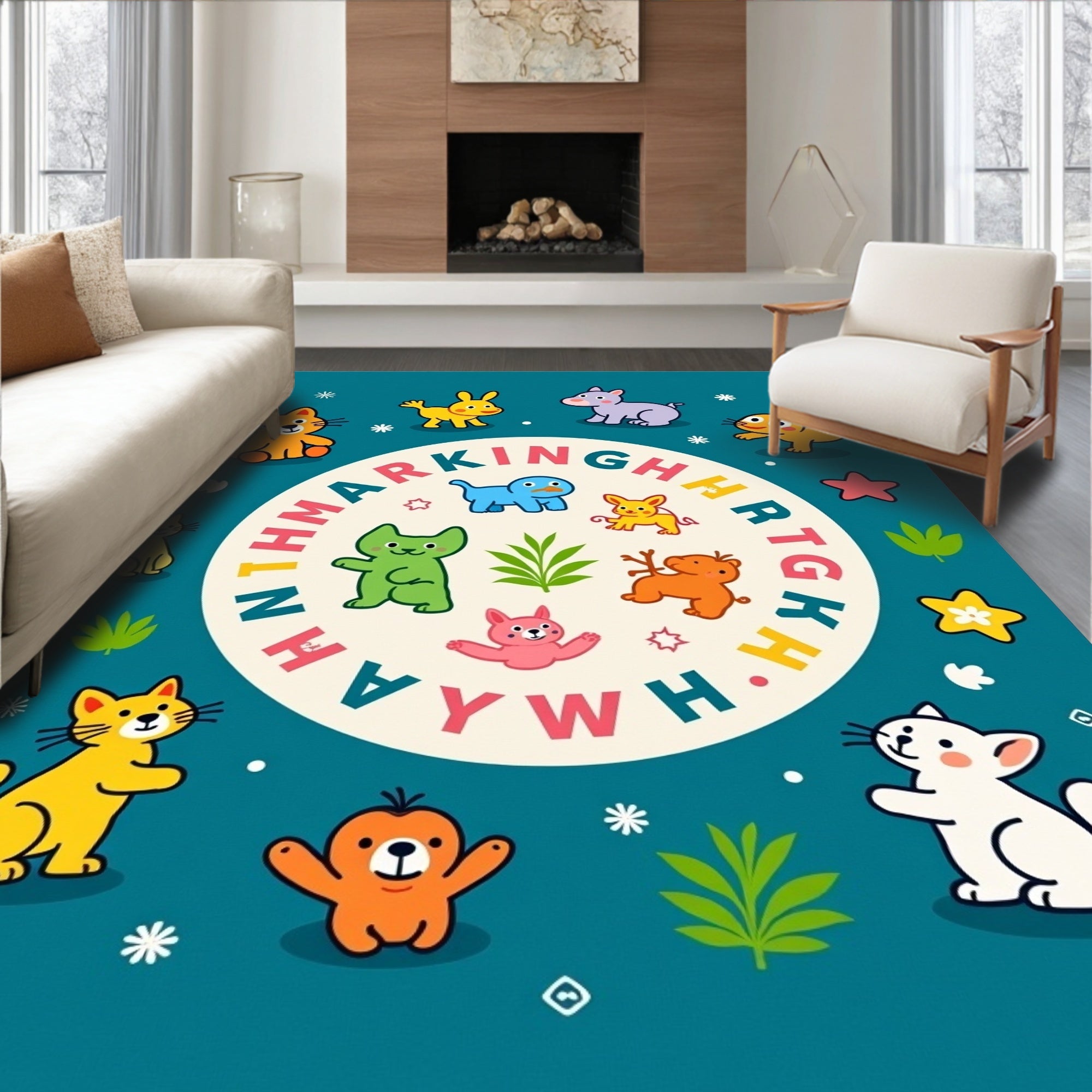 Colorful Cartoon Animals Alphabet Circle Rug