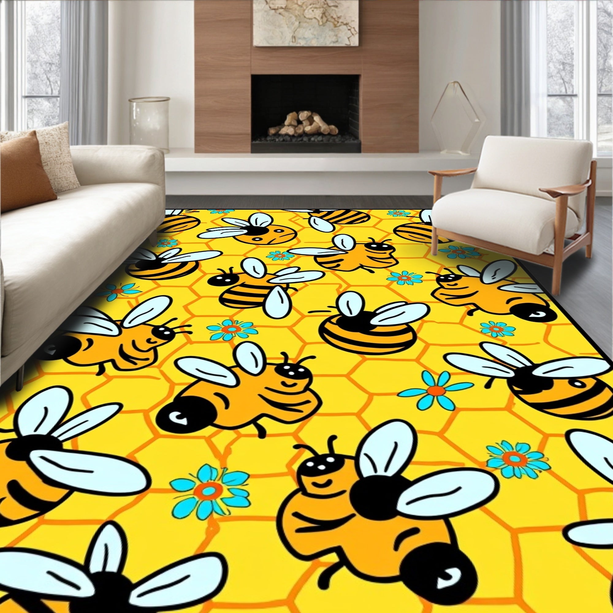 Whimsical yellow bees and flowers Rug