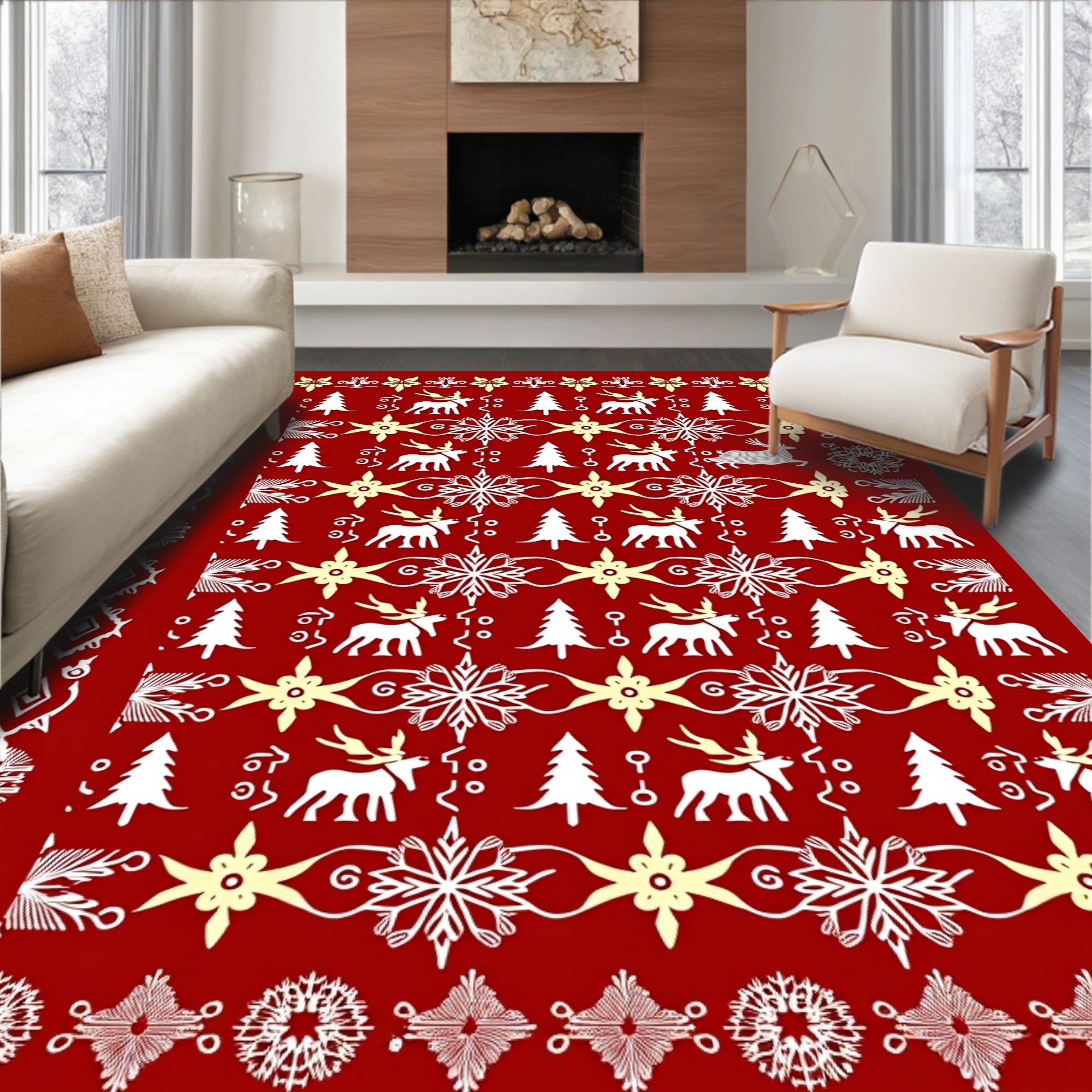 Red White Yellow Festive Reindeer Snowflakes Rug