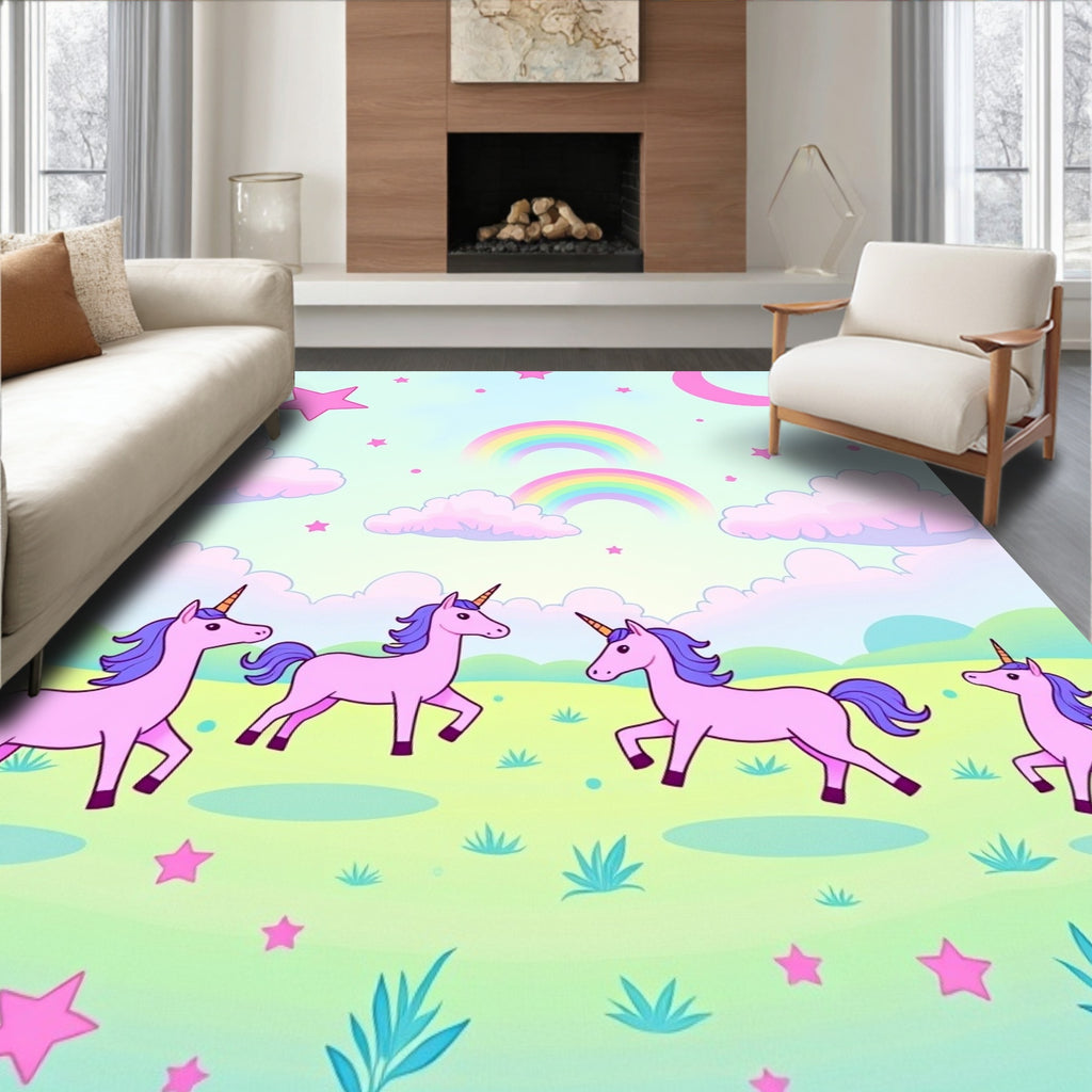 Pink Unicorns And Rainbows In Sky Rug