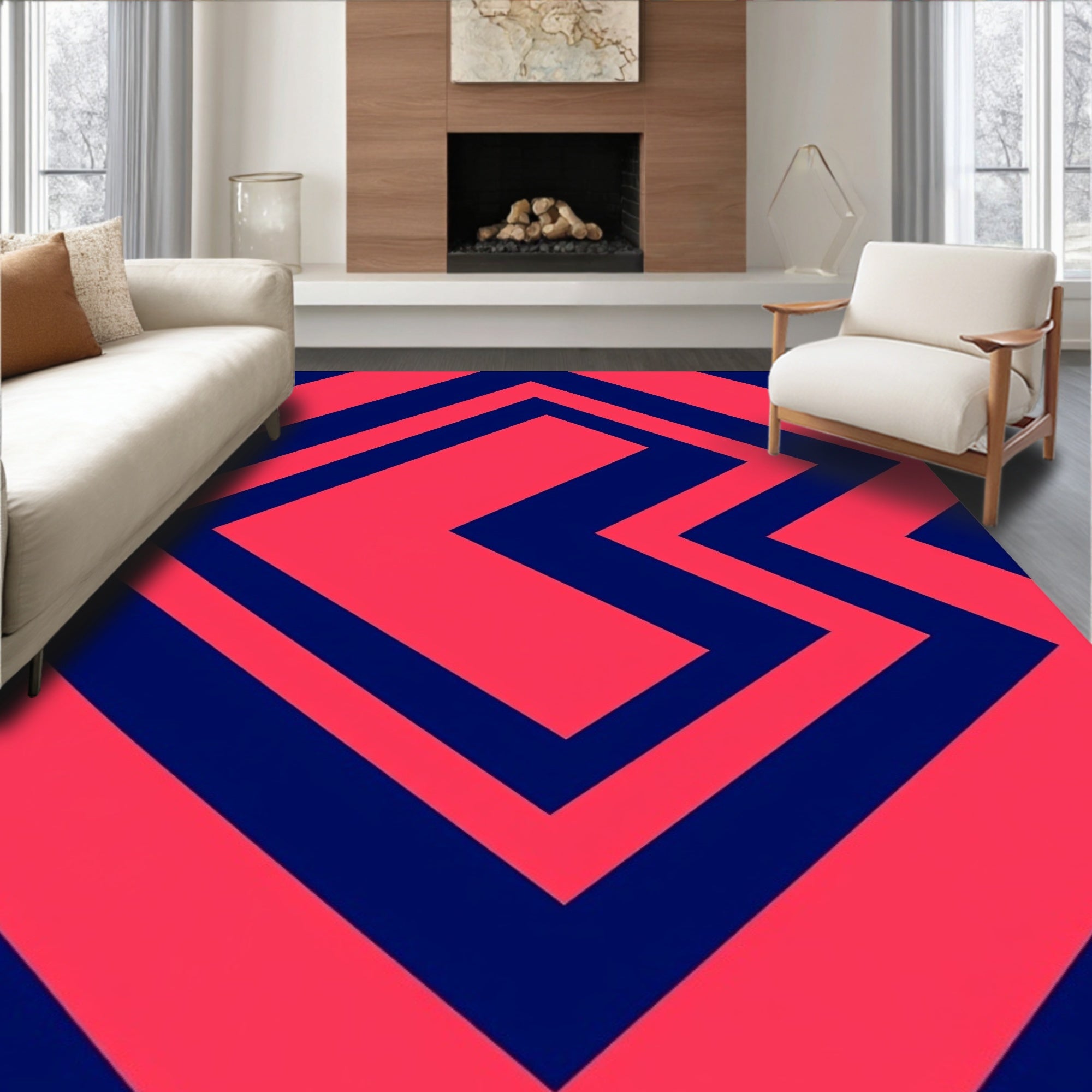 Bold Coral Blue Geometric Accordion Rug